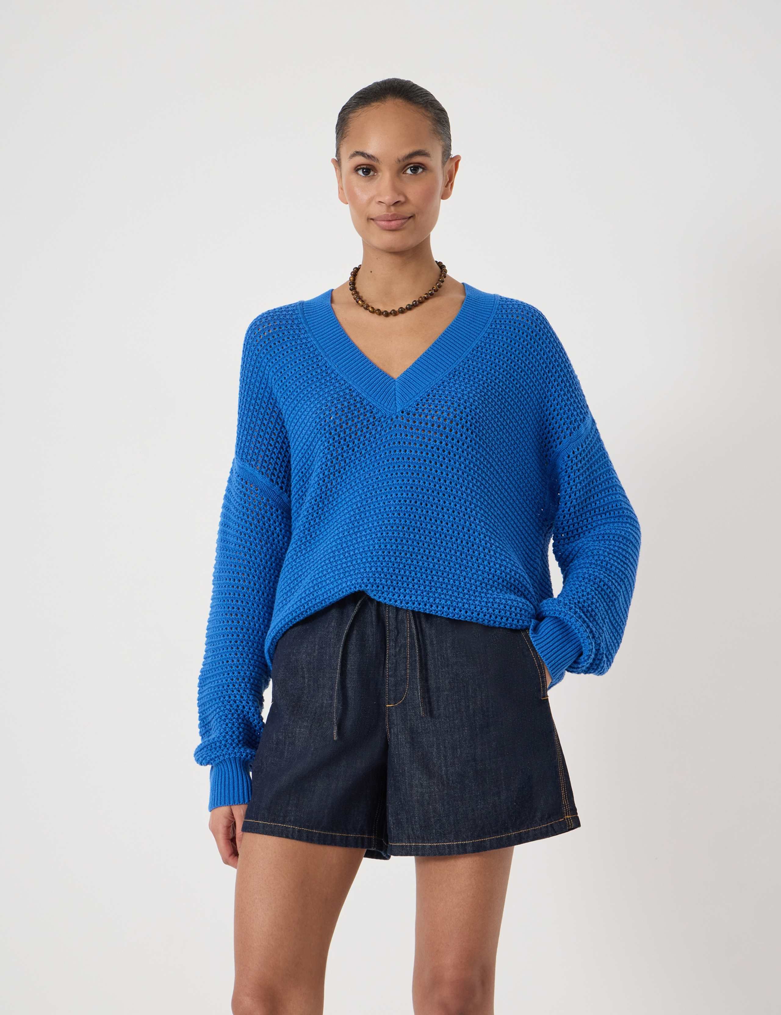 Pure Cotton V-Neck Open Stitch Jumper 1 of 4