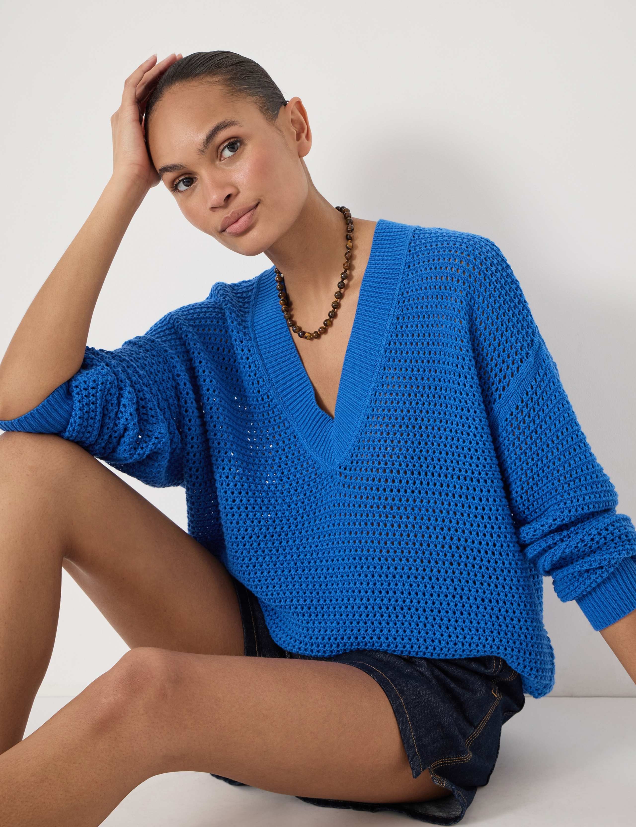 Pure Cotton V-Neck Open Stitch Jumper 3 of 4