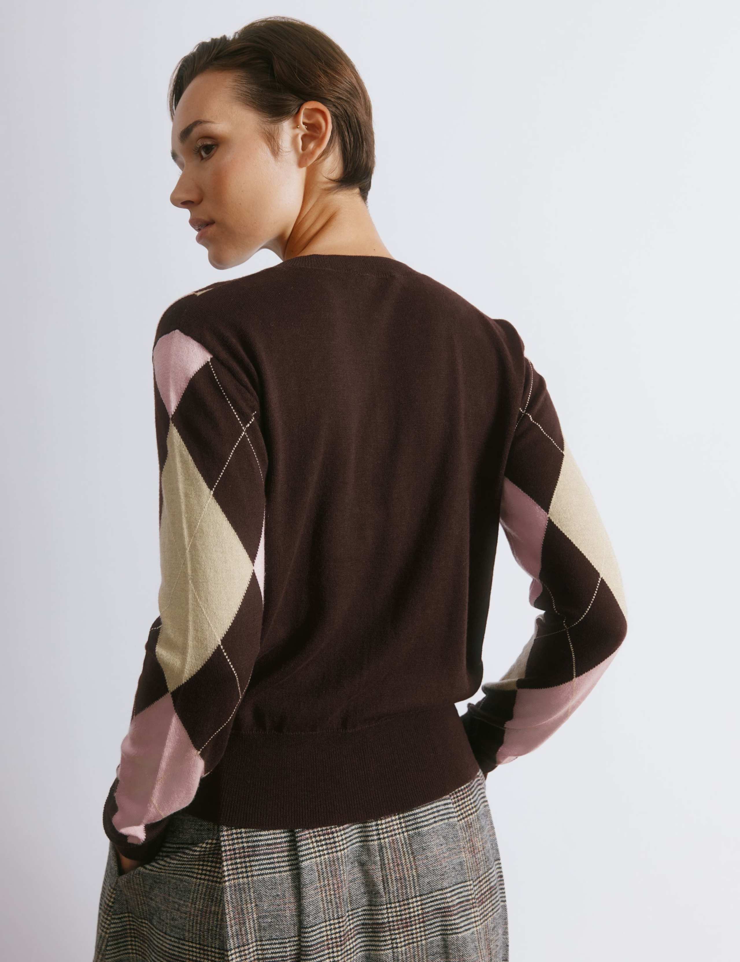 Argyle Crew Neck Cardigan with Wool 3 of 4