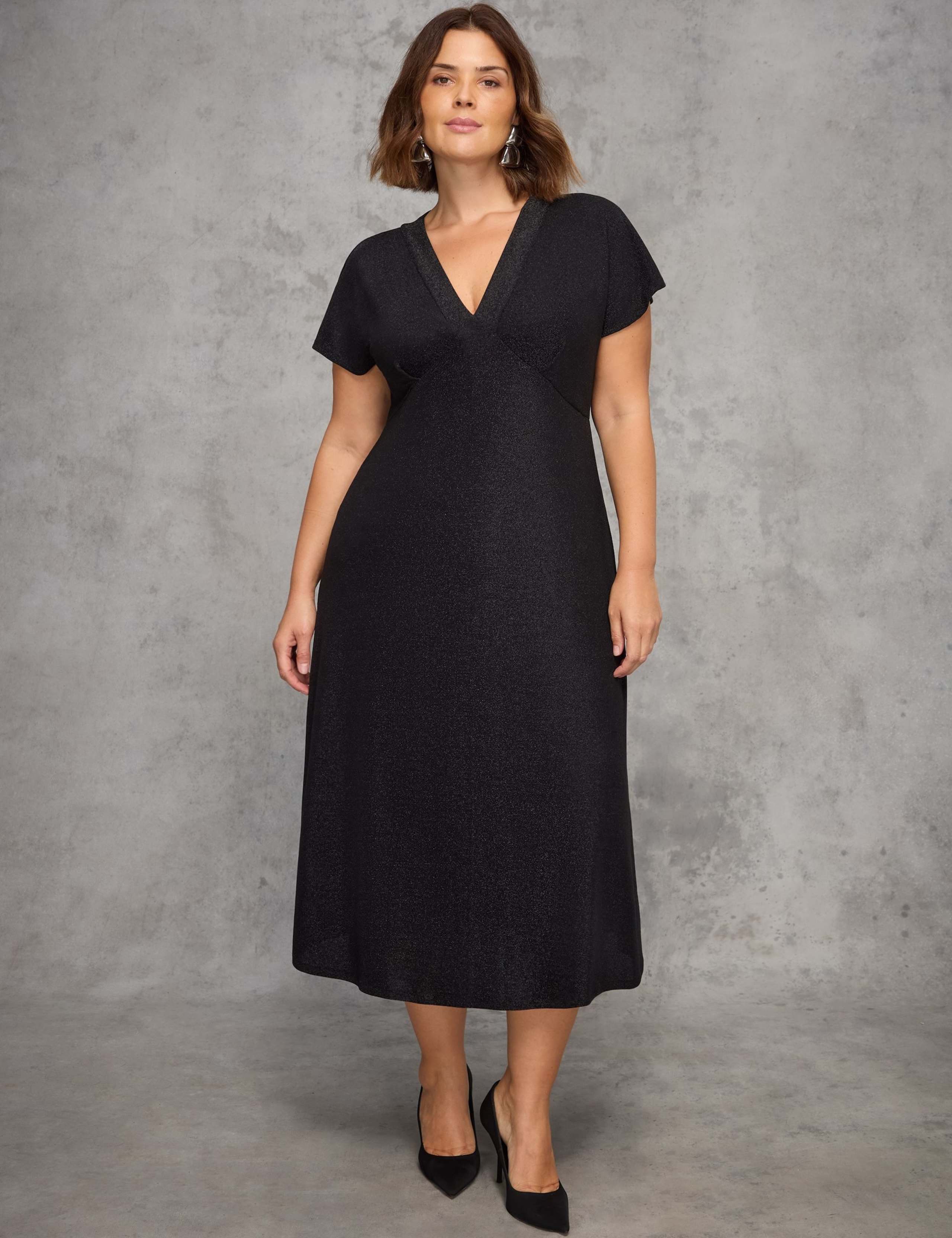 Jersey Sparkly V-Neck Midi Skater Dress 1 of 5