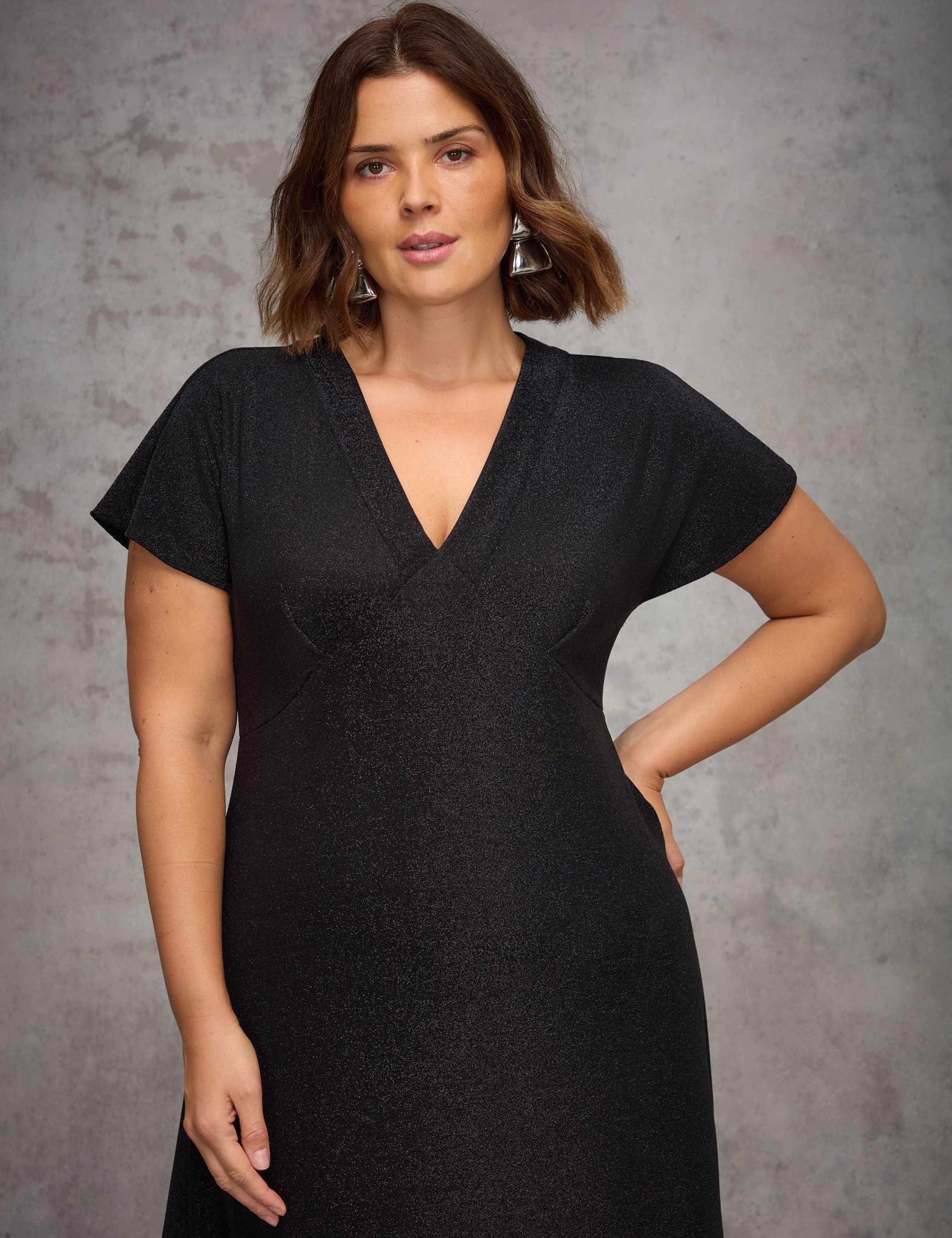 Jersey Sparkly V-Neck Midi Skater Dress 2 of 5