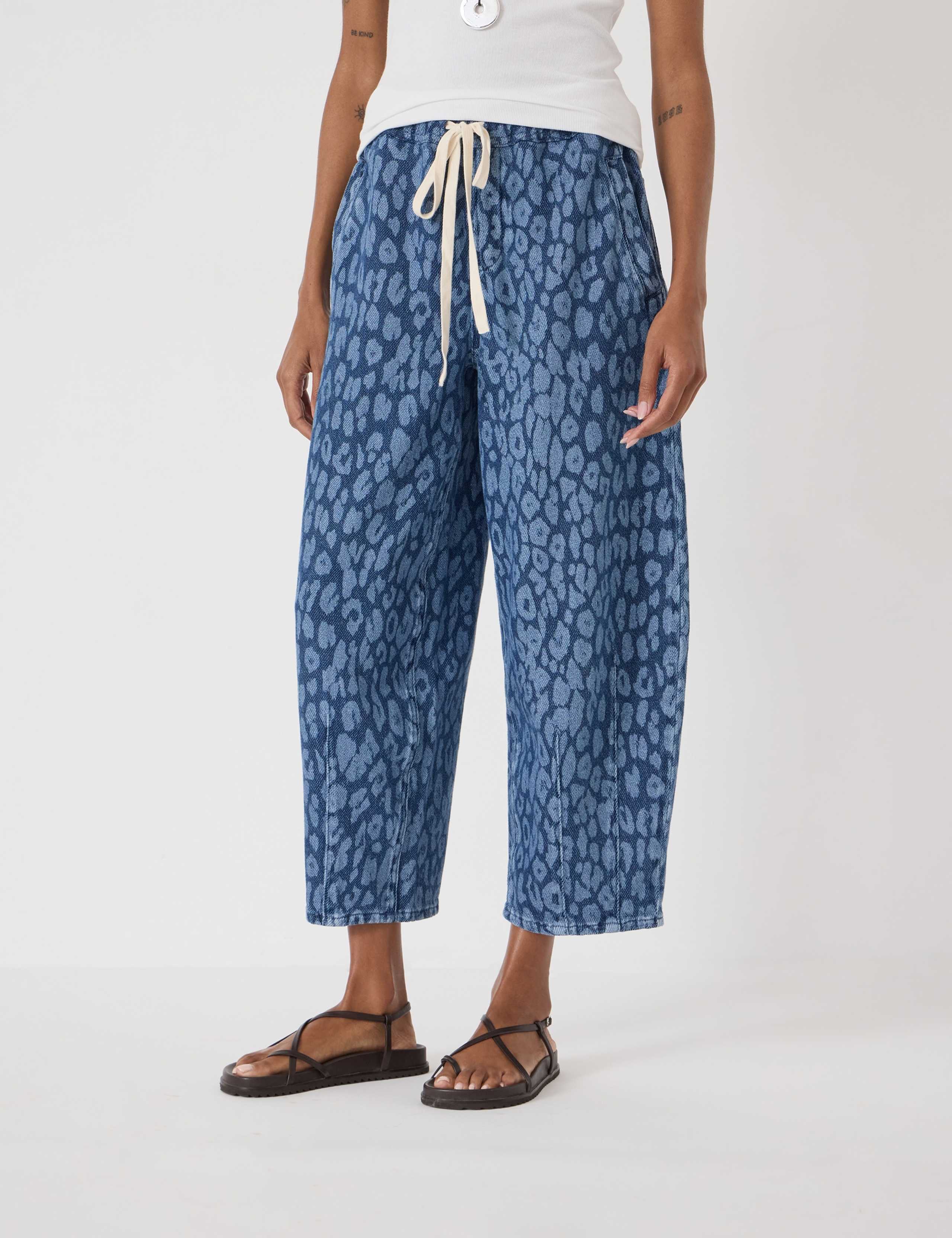 Leopard Print Drawstring Barrel Leg Cropped Jeans 1 of 5