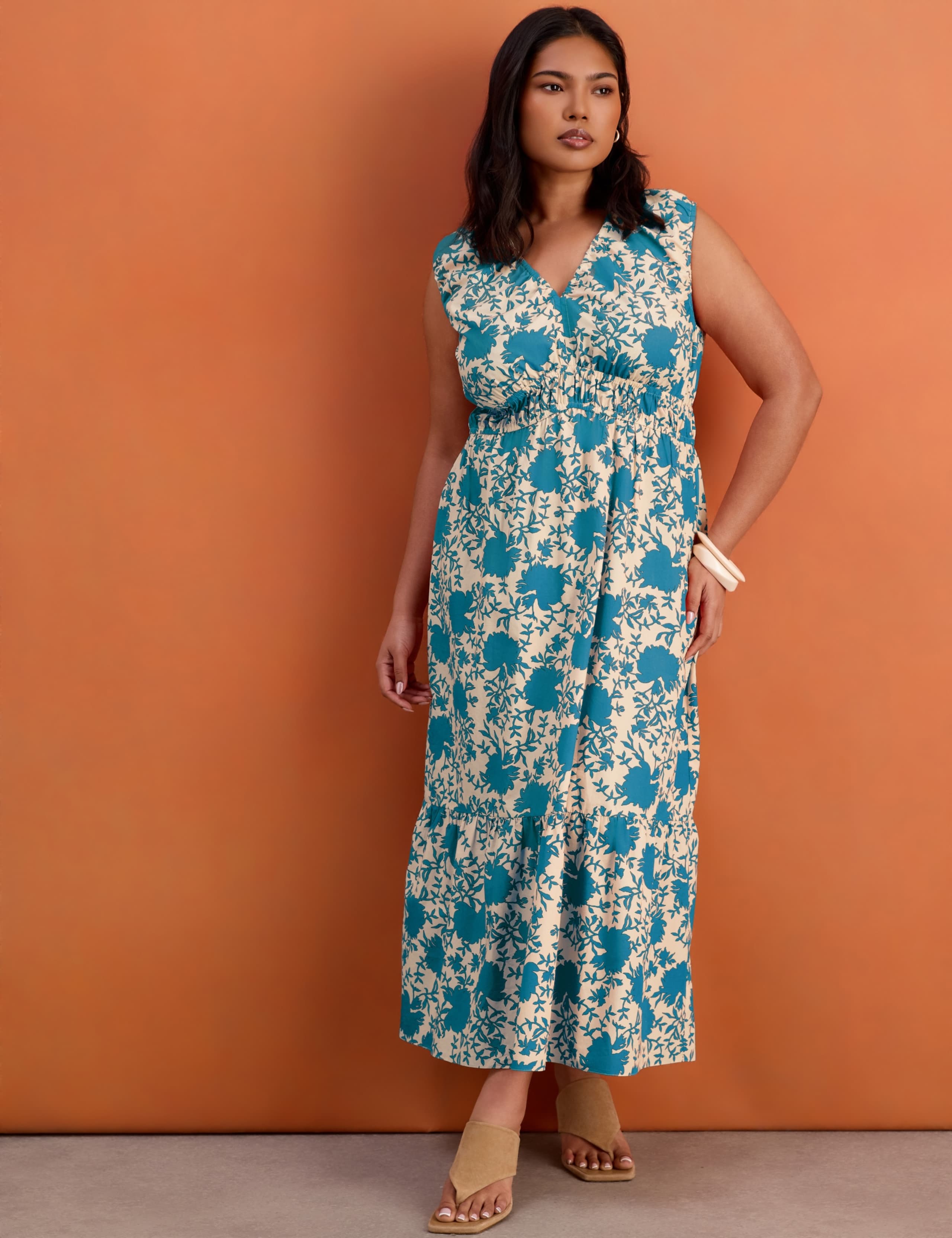 Pure Cotton Floral V-Neck Midaxi Tiered Dress 1 of 4