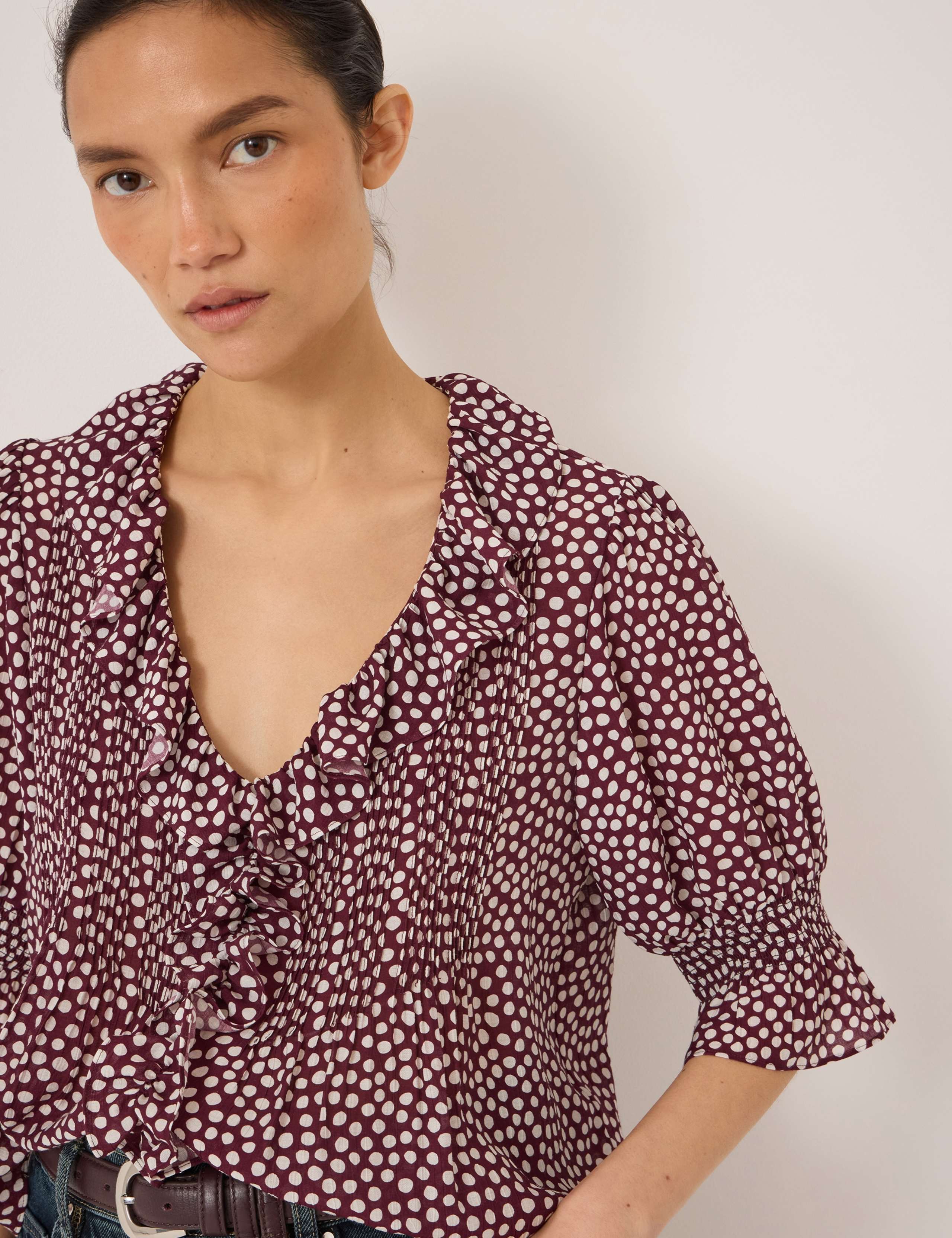 Spot Print V-Neck Relaxed Ruffle Blouse 4 of 5
