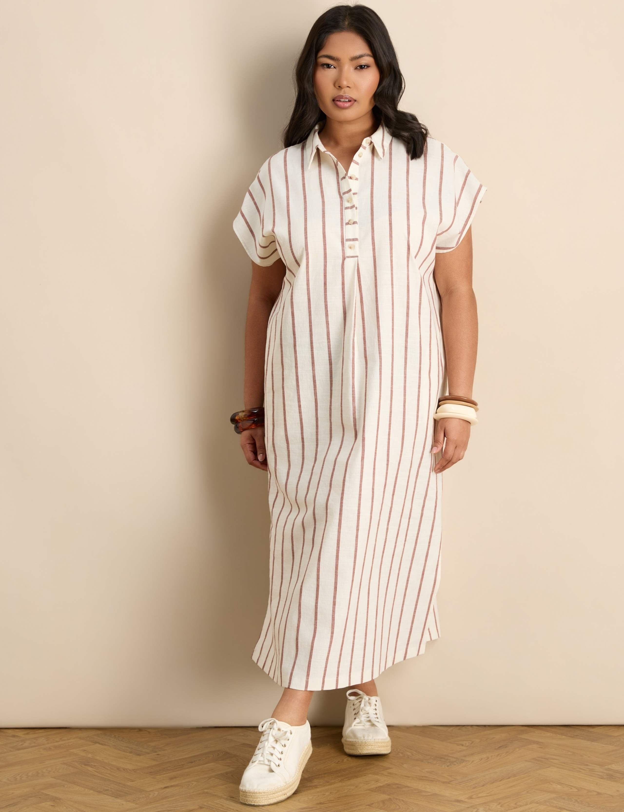 Striped Midaxi Shirt Dress with Linen 2 of 4
