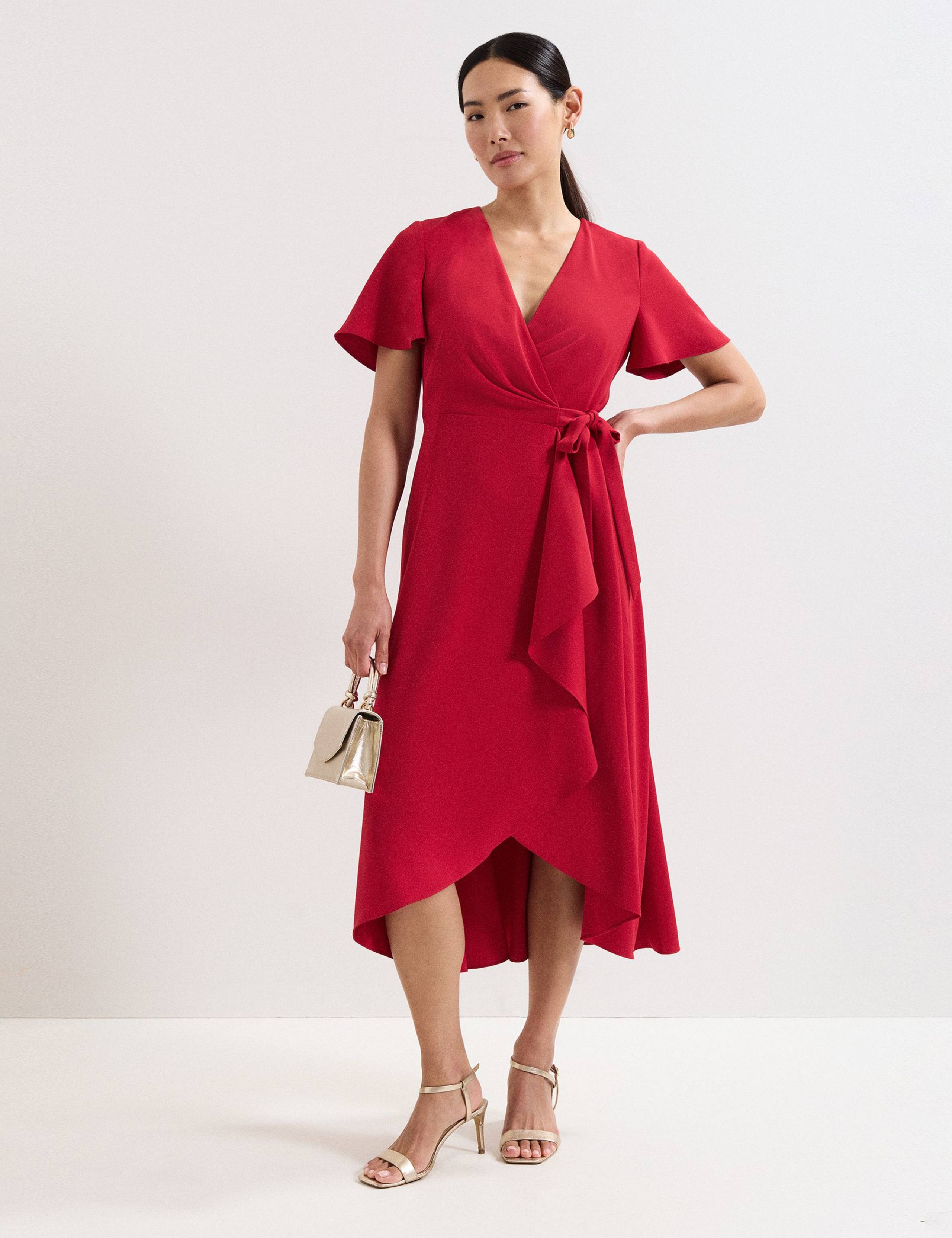 V-Neck Angel Sleeve Midi Wrap Dress 1 of 7