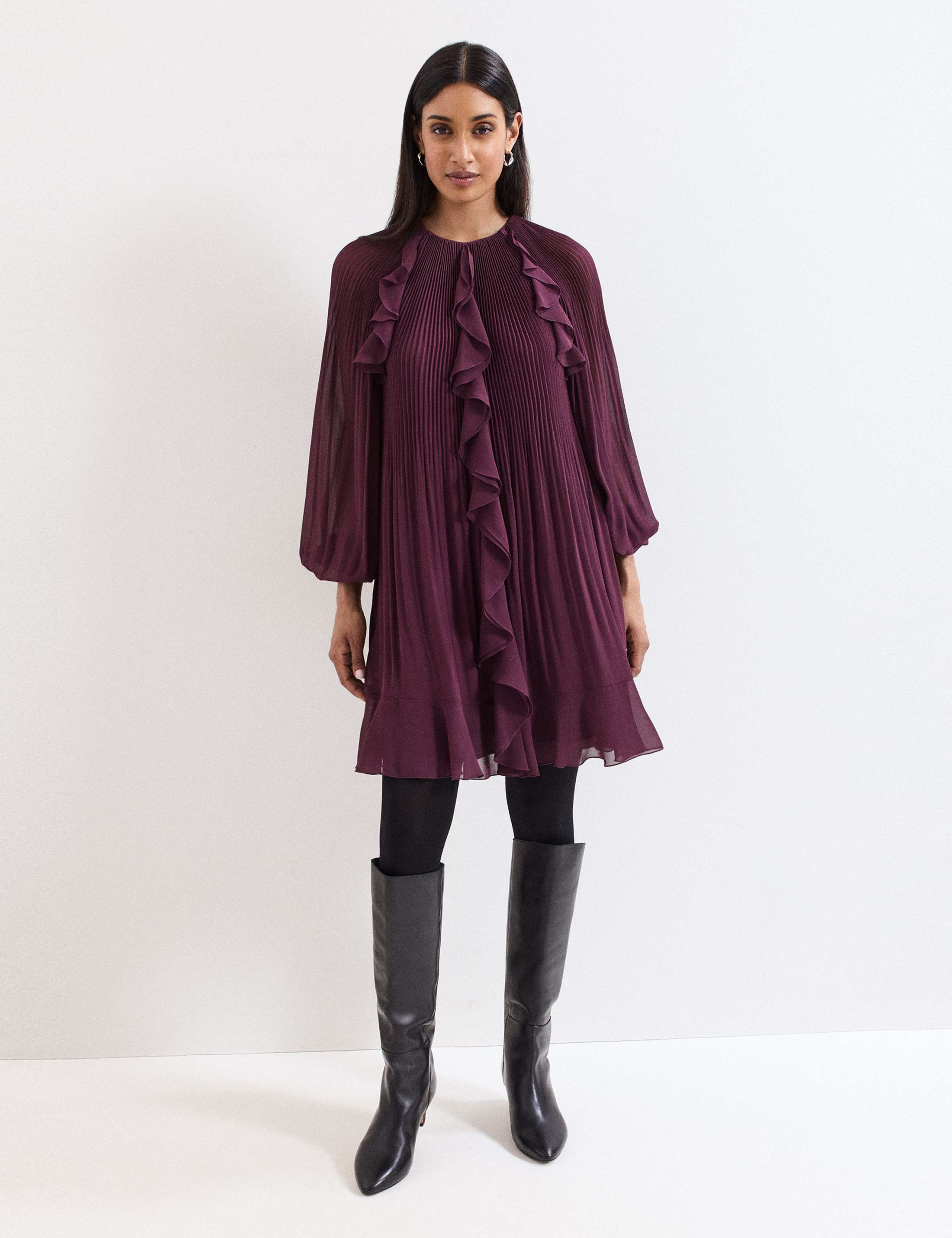 Plisse Round Neck Ruffle Swing Dress 4 of 7