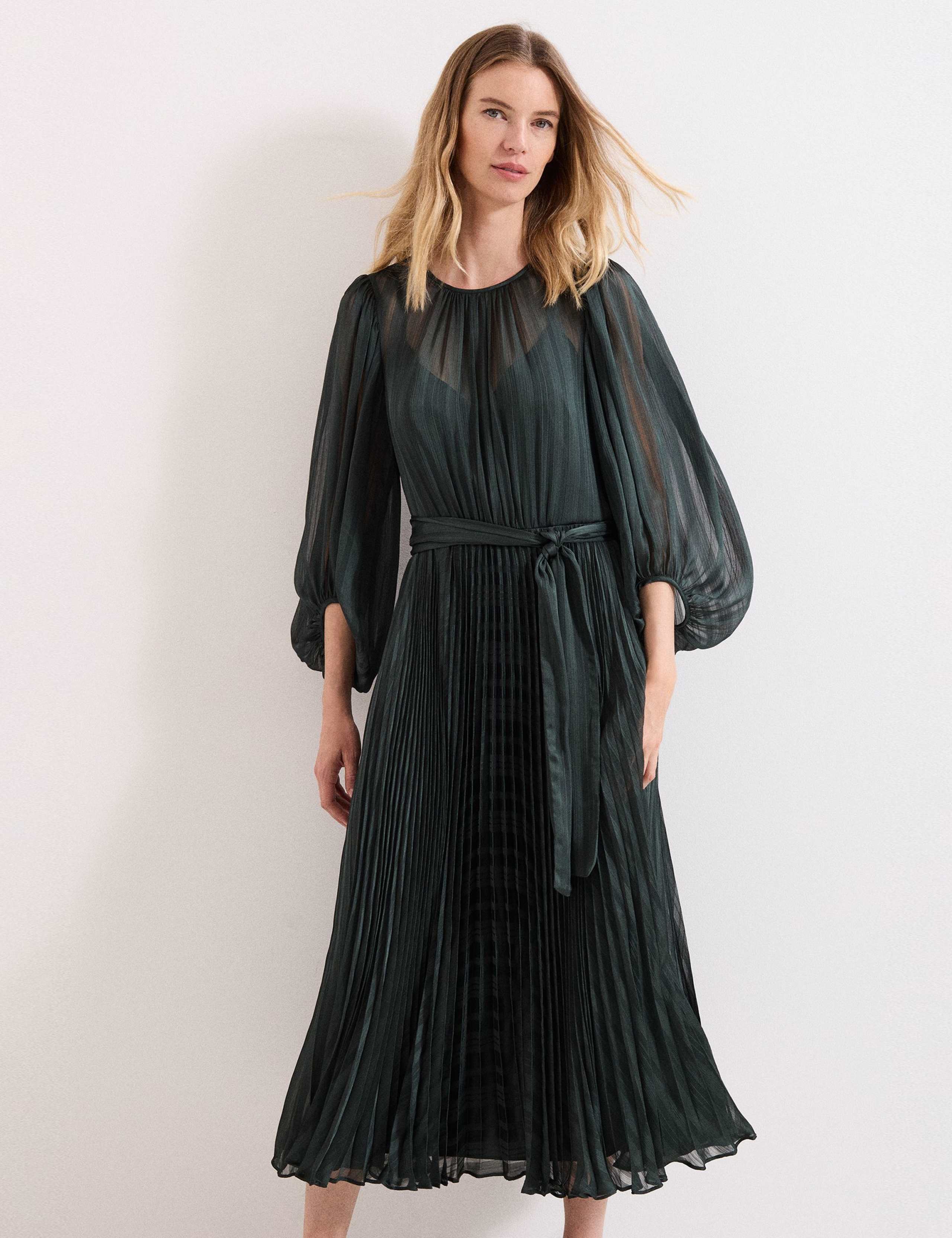 Sheer Plisse Pleated Midi Waisted Dress 3 of 8