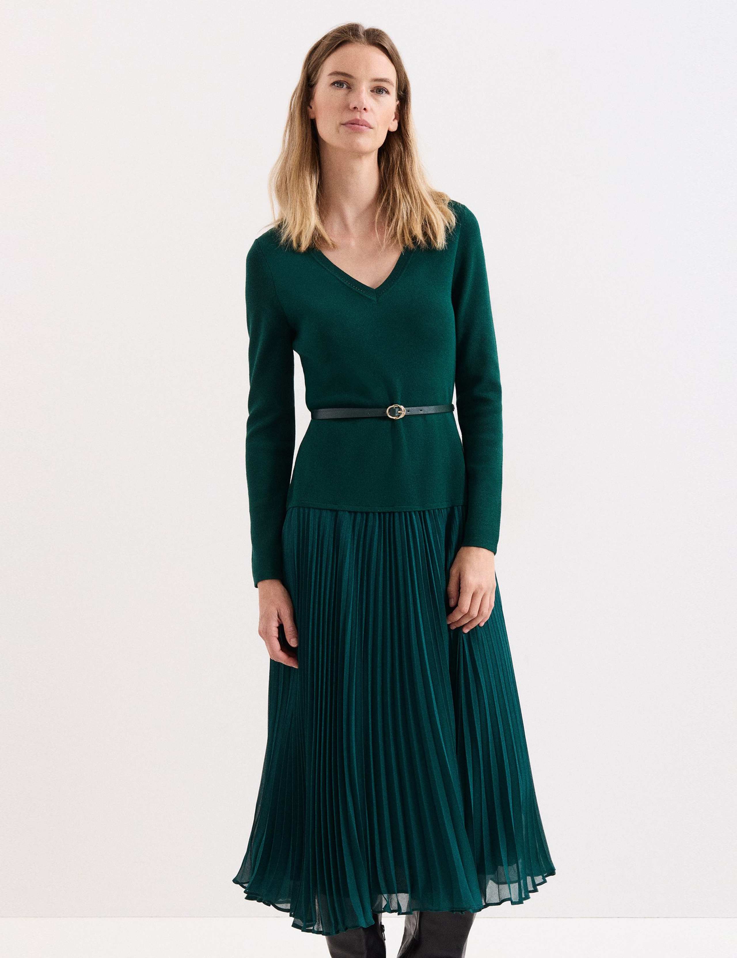 V-Neck Belted Midi Jumper Dress 3 of 8