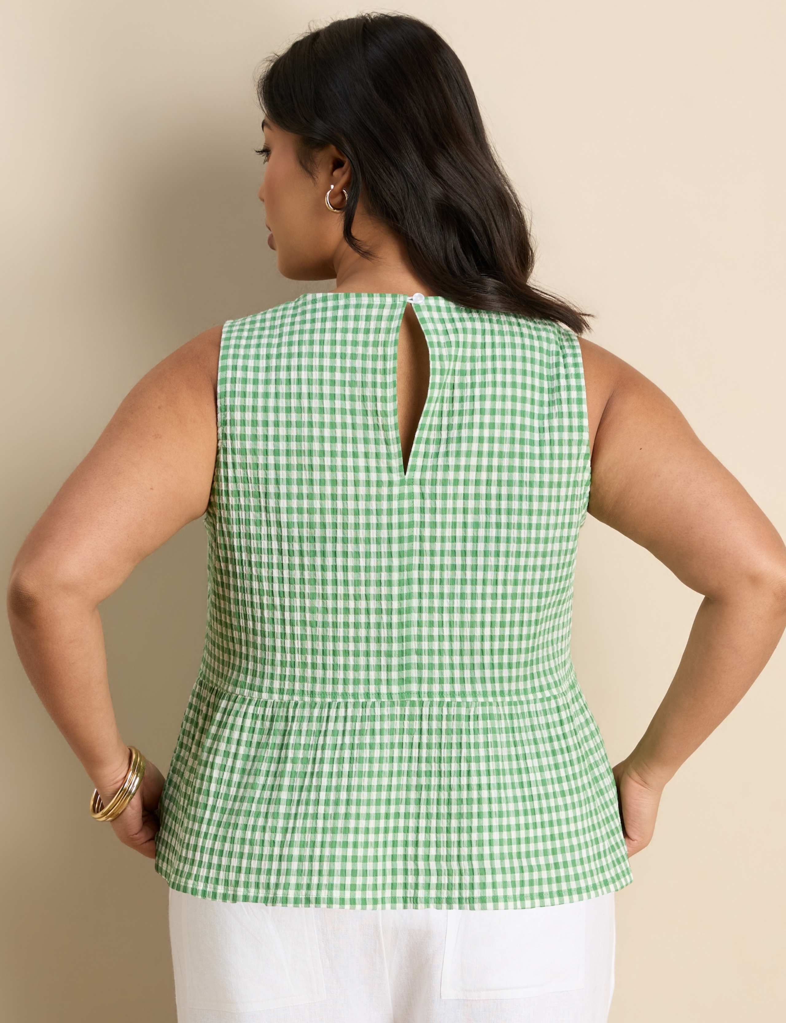 Cotton Rich Gingham Round Neck Peplum Top 2 of 6