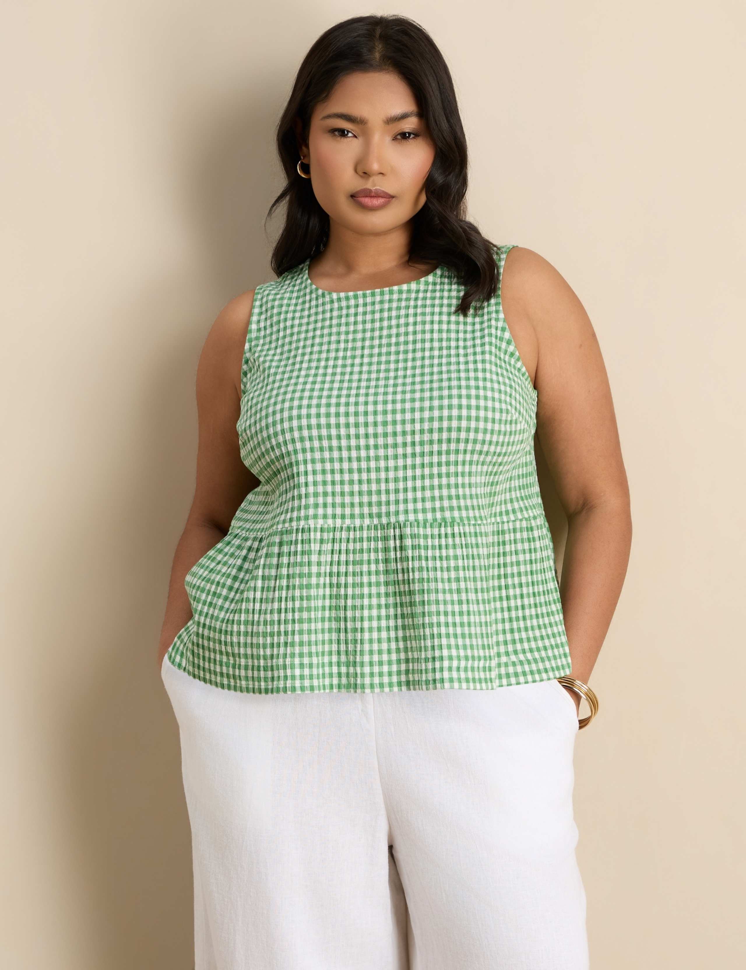 Cotton Rich Gingham Round Neck Peplum Top 3 of 6