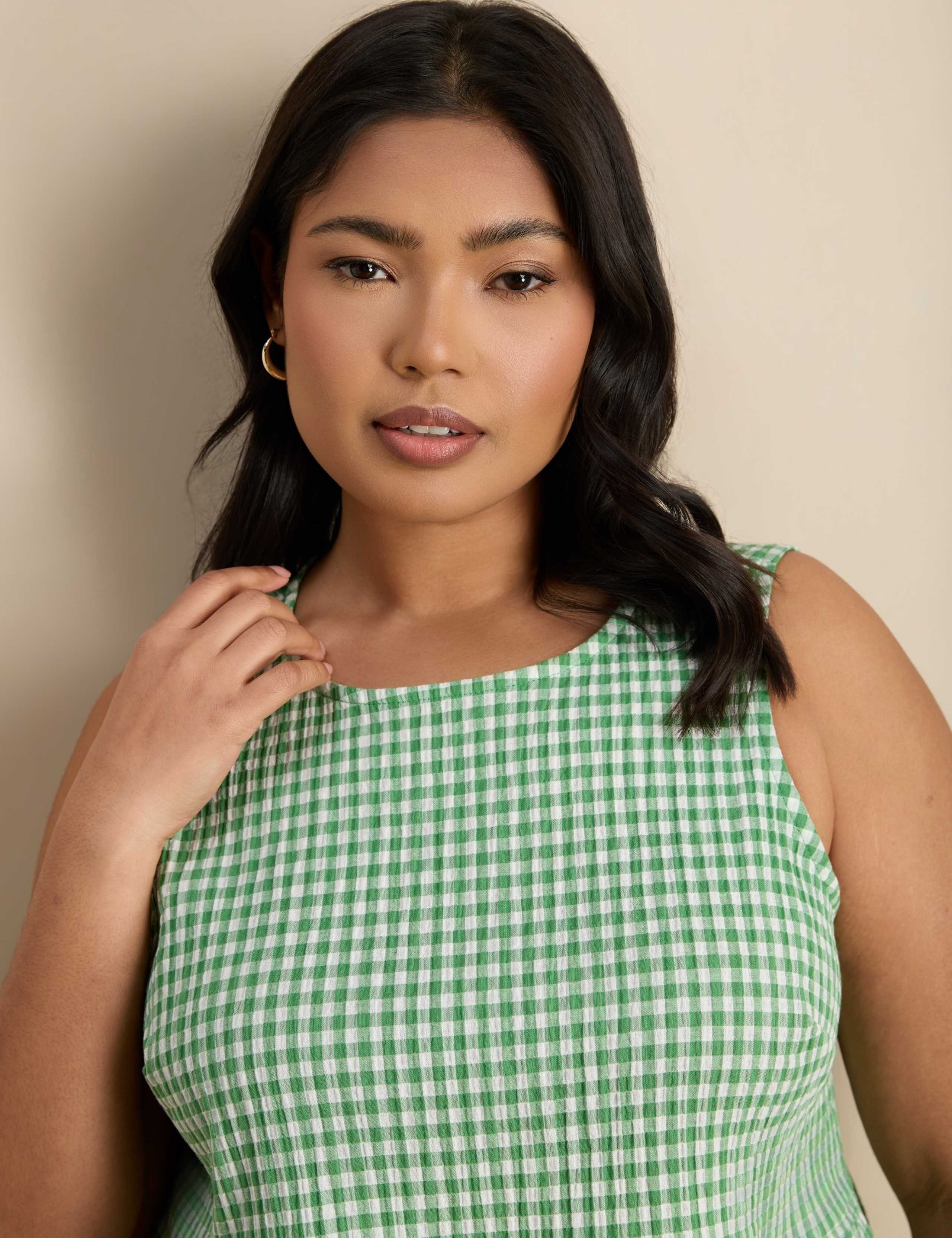 Cotton Rich Gingham Round Neck Peplum Top 4 of 6