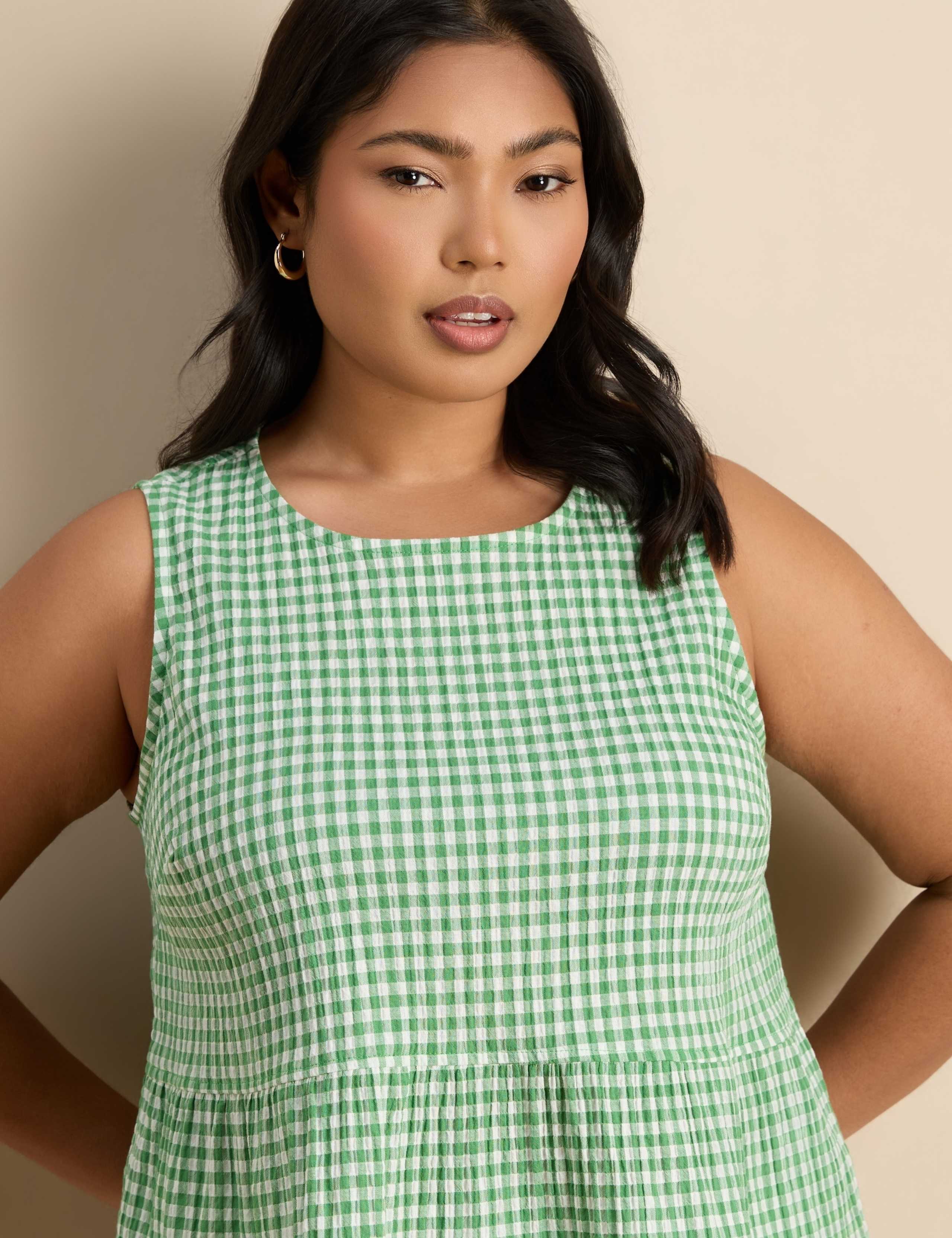 Cotton Rich Gingham Round Neck Peplum Top 5 of 6