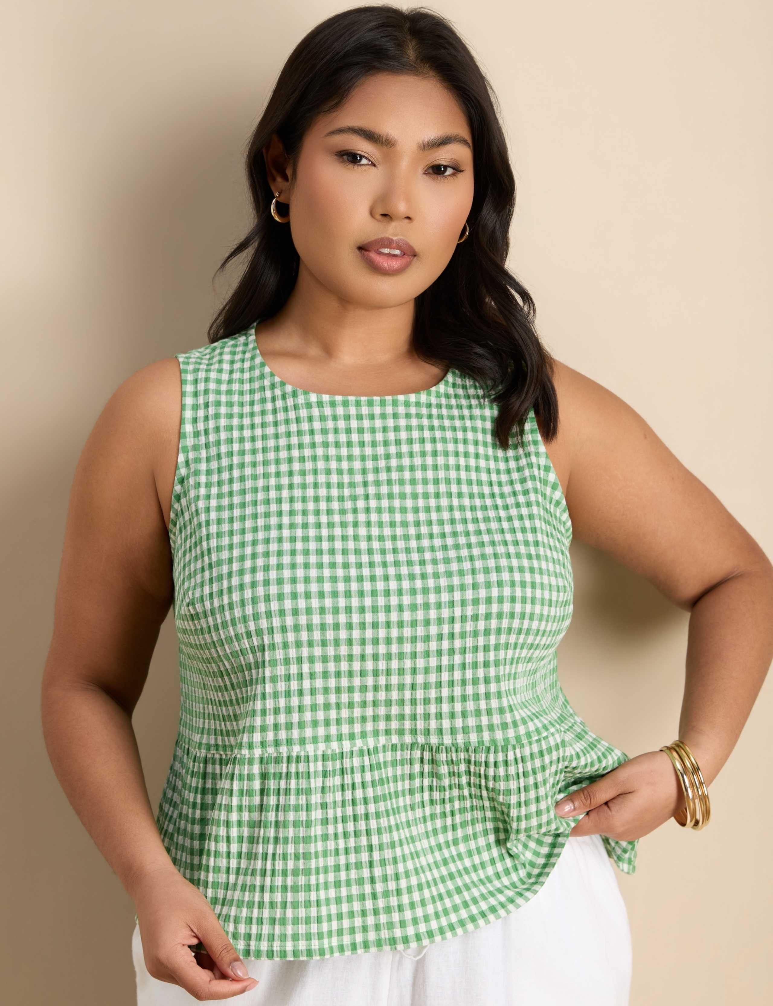 Cotton Rich Gingham Round Neck Peplum Top 6 of 6