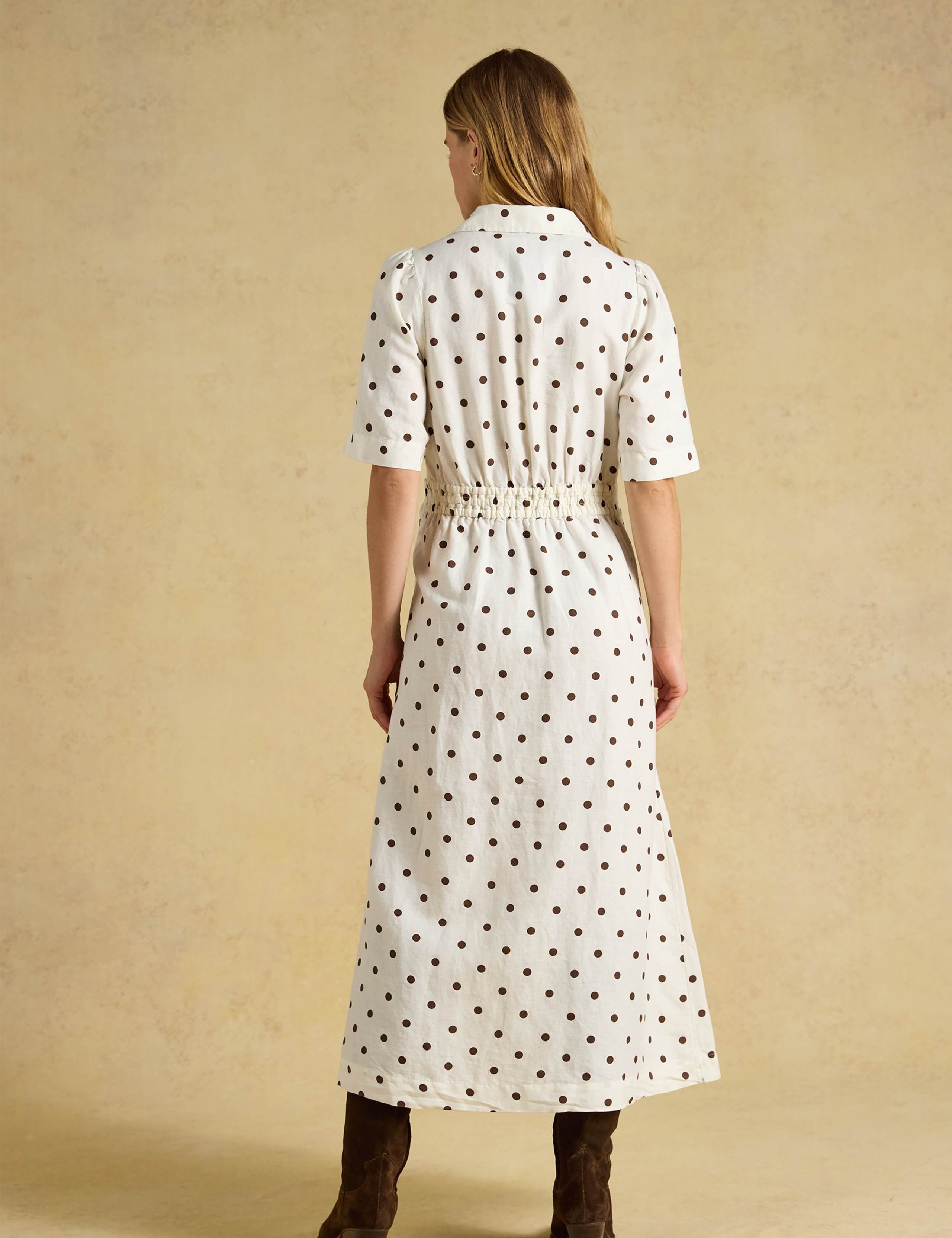 Linen Cotton Blend Polka Dot Midi Dress 7 of 7