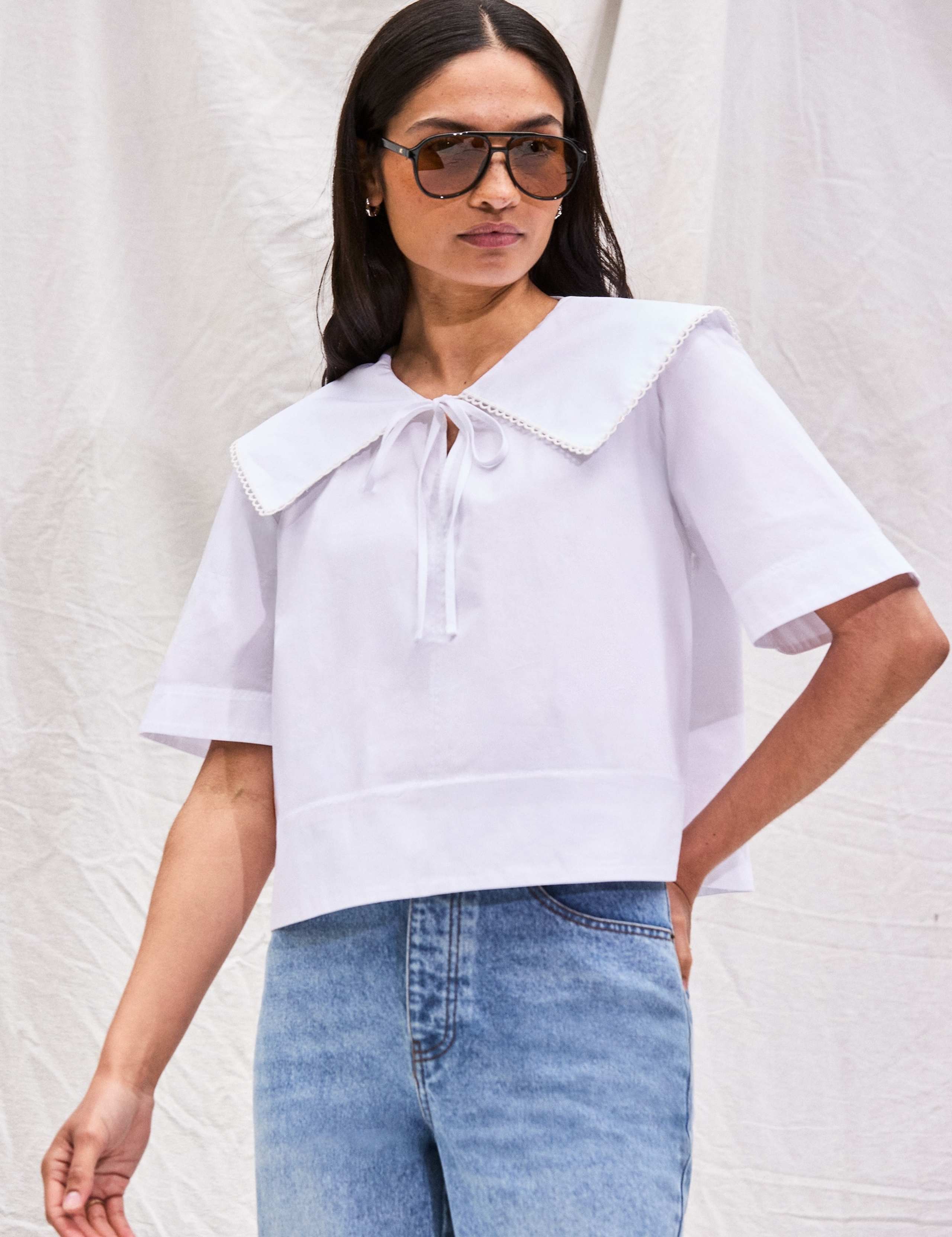 Pure Cotton Oversized Collared Tie Neck Top 1 of 8