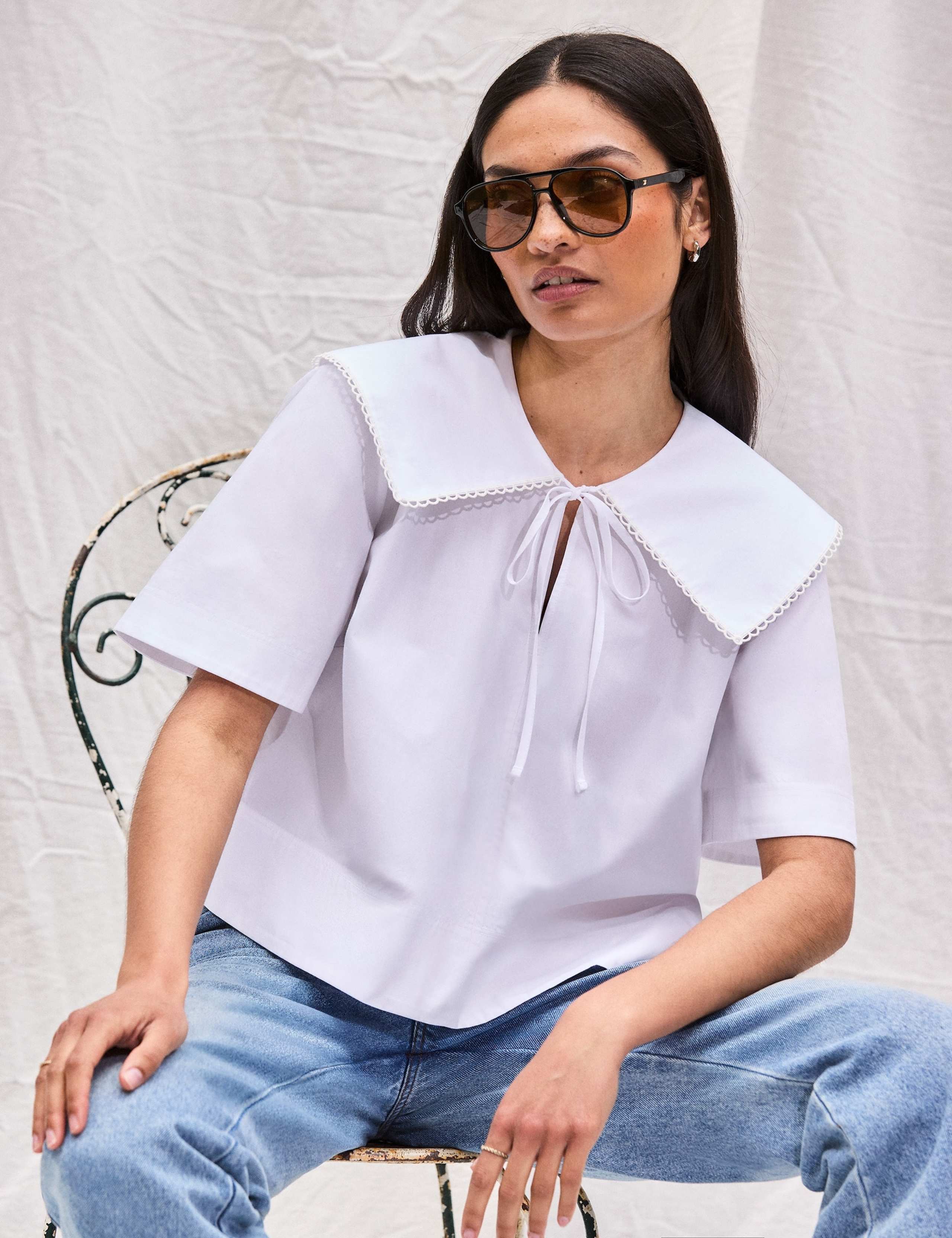 Pure Cotton Oversized Collared Tie Neck Top 4 of 8