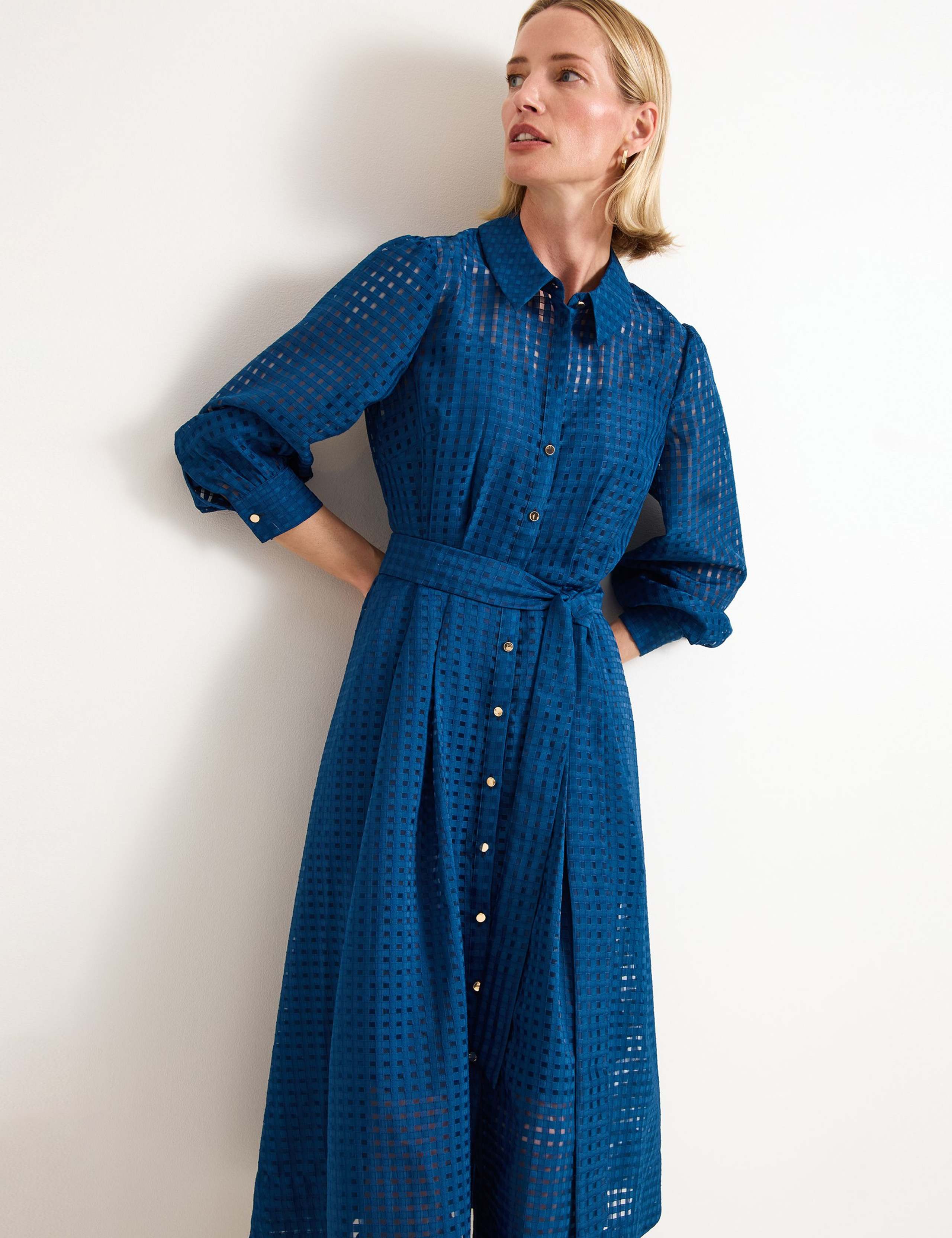 Textured Tie Waist Midi Shirt Dress 3 of 7