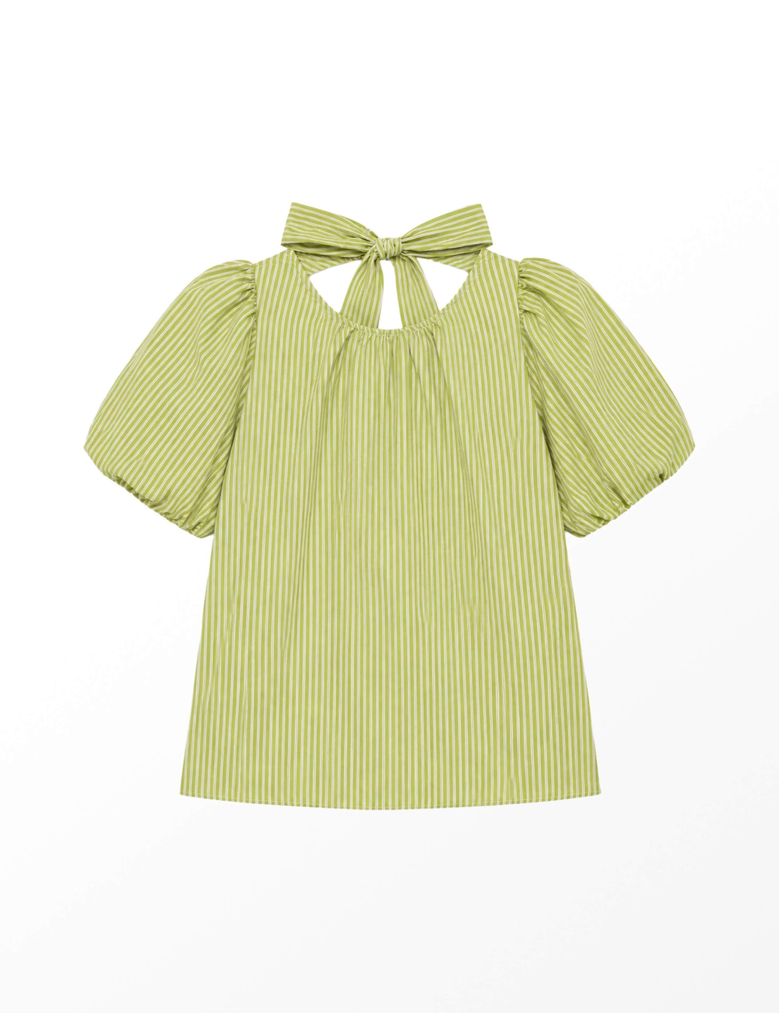 Cotton Rich Striped Bow Back Puff Sleeve Top 2 of 4