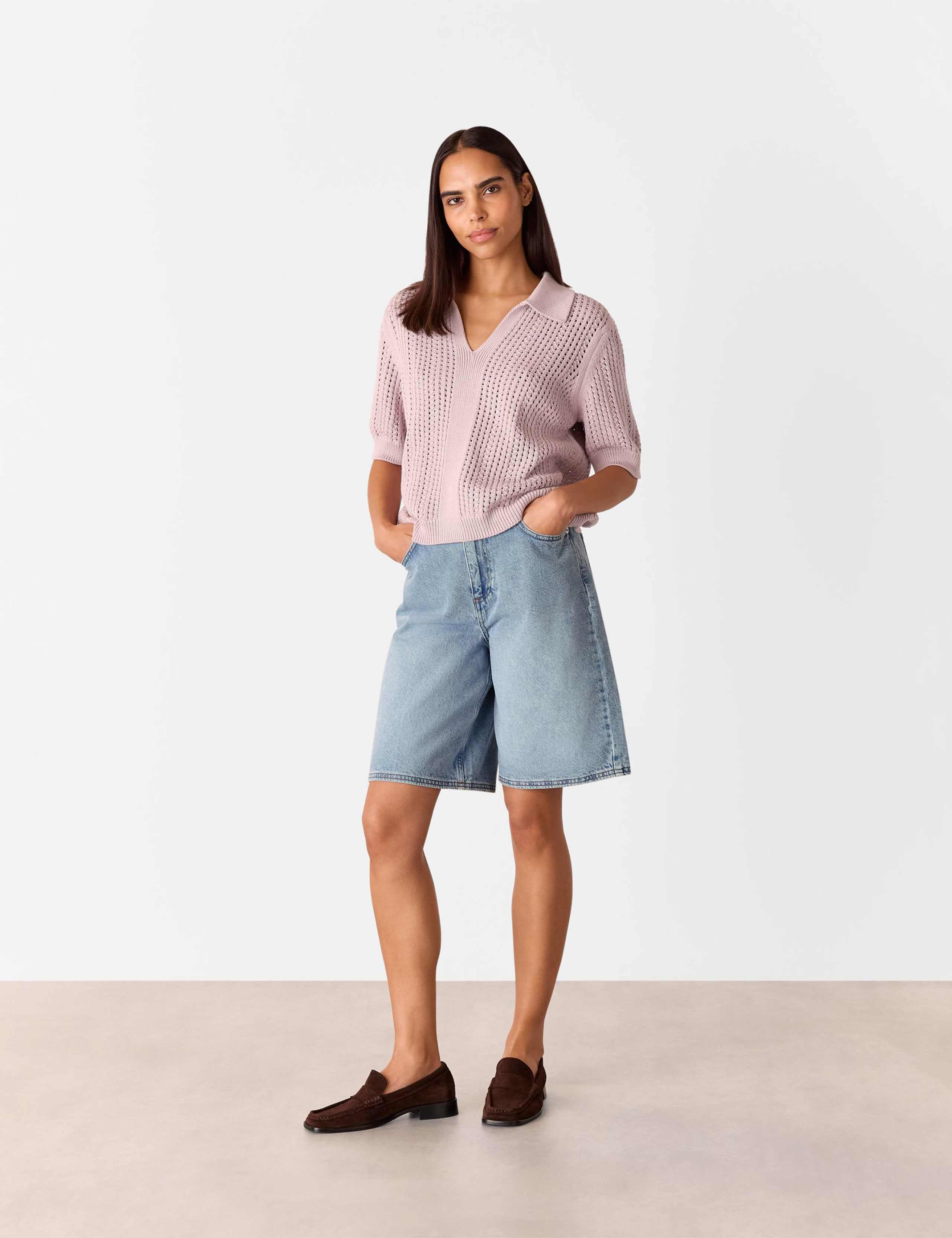 Pure Cotton Pointelle Collared V-Neck Jumper 3 of 4