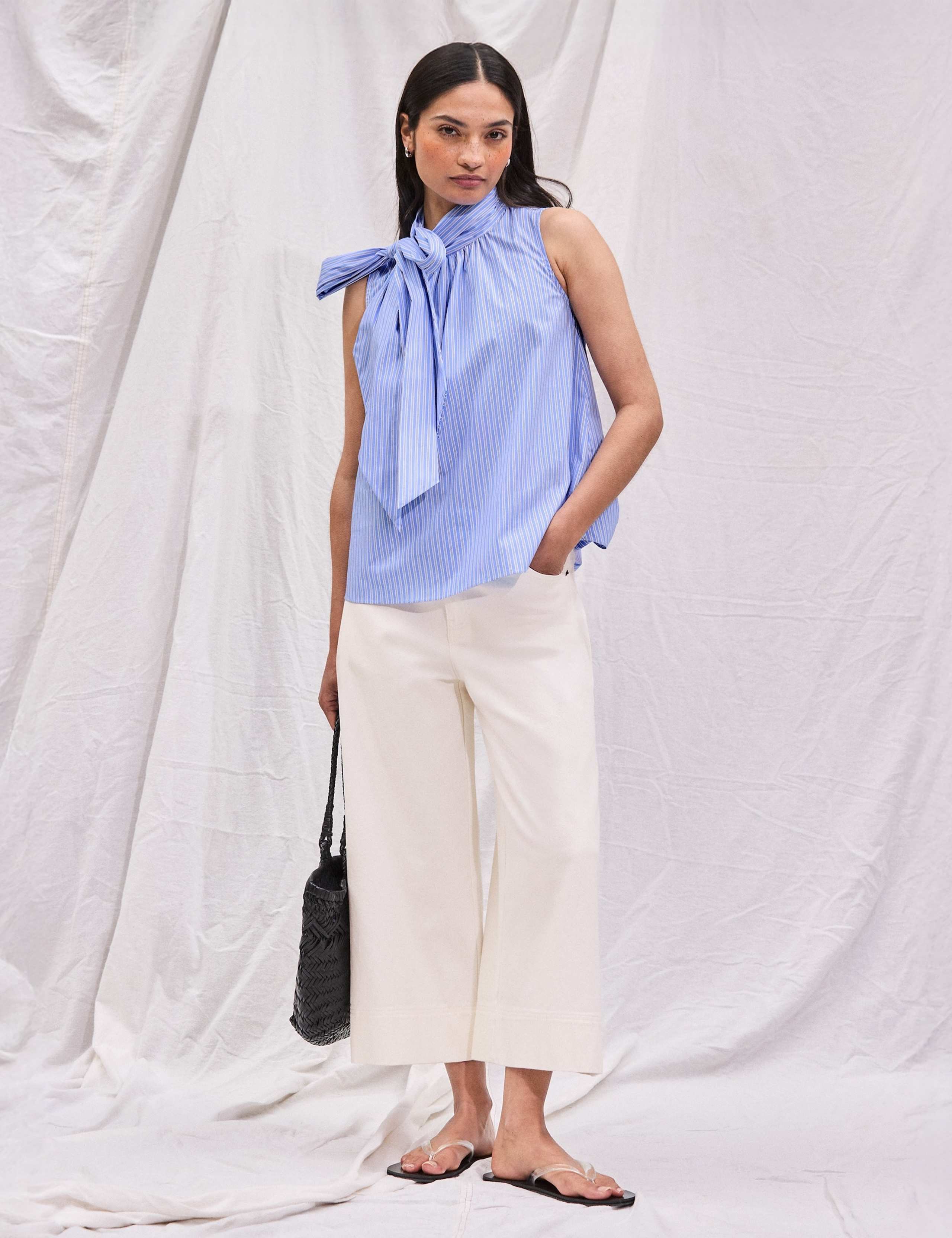 Cotton Rich Striped Tie Neck Bow Blouse 2 of 4