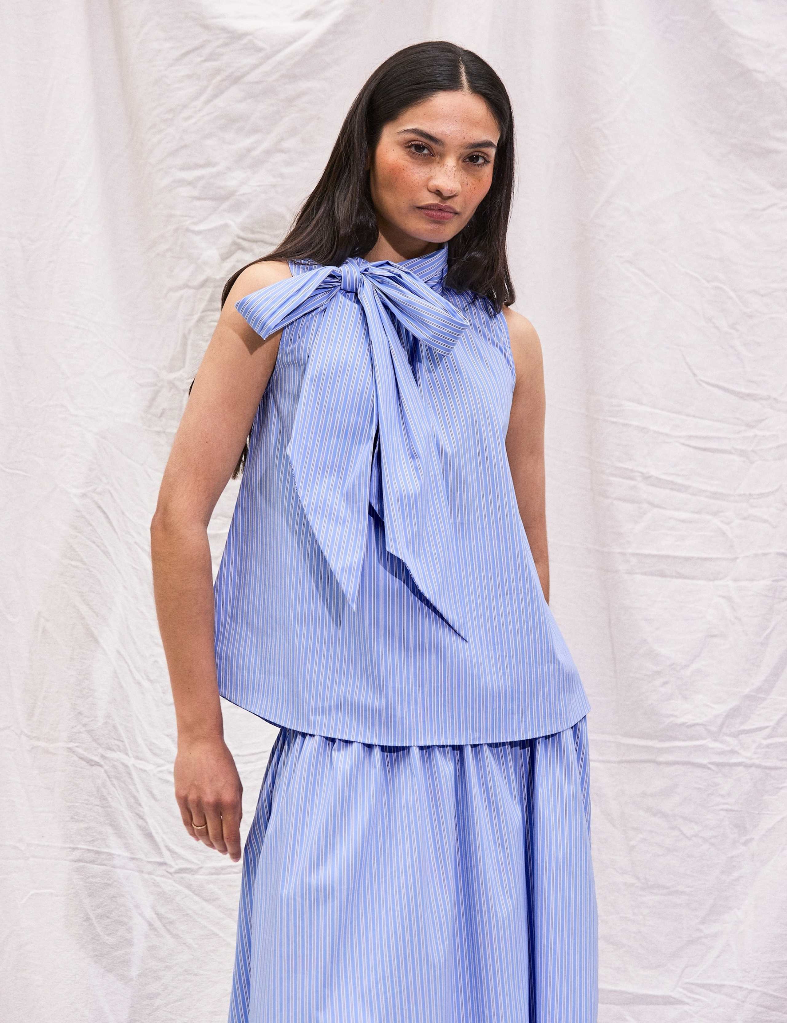 Cotton Rich Striped Tie Neck Bow Blouse 4 of 4