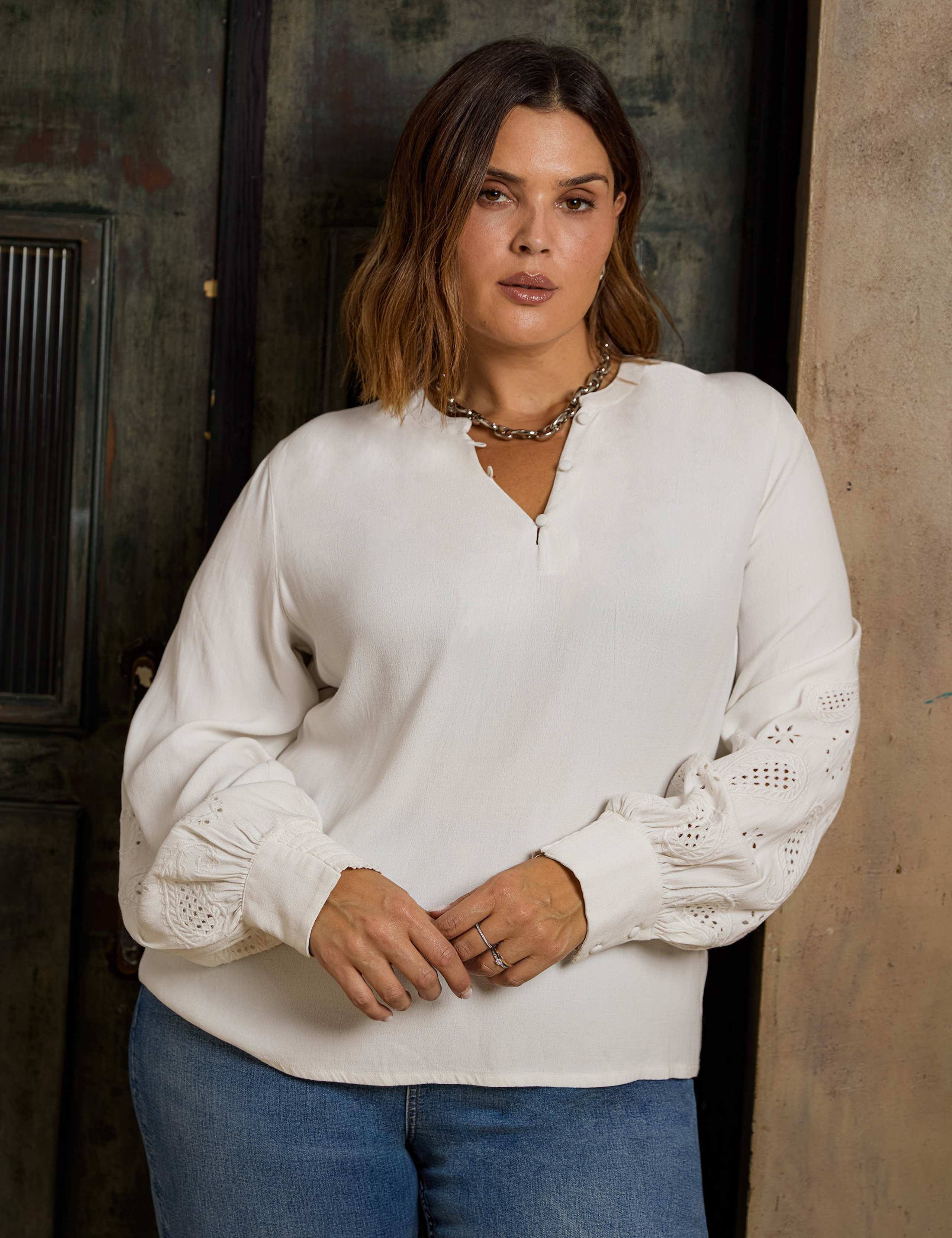 Crepe Embroidered Notch Neck Blouse 2 of 6