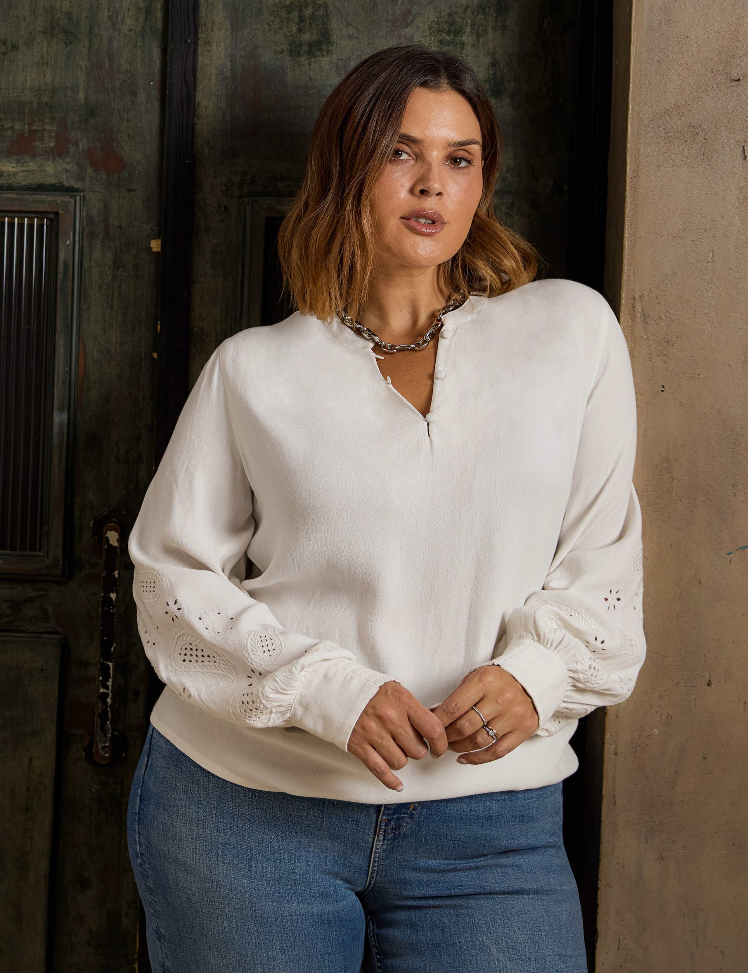 Crepe Embroidered Notch Neck Blouse 3 of 6