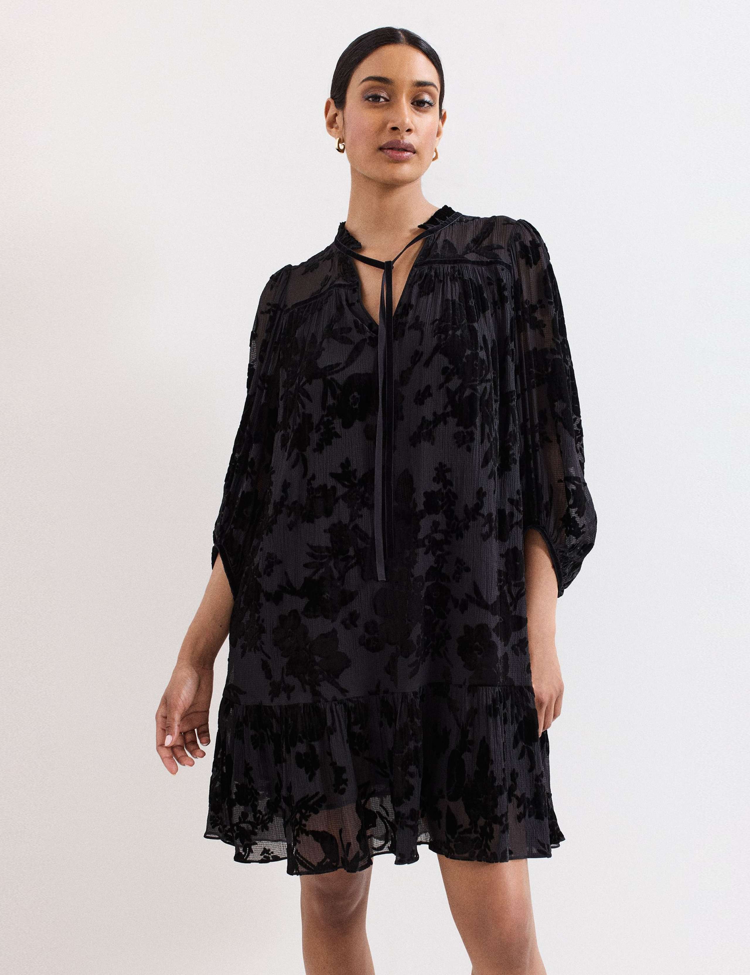 Velvet Floral Tie Neck Tiered Mini Dress 1 of 8