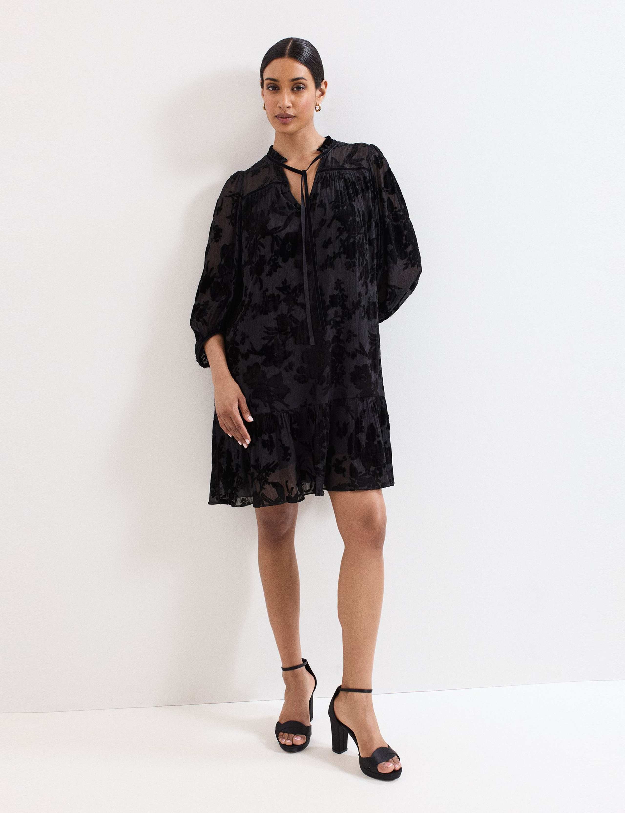 Velvet Floral Tie Neck Tiered Mini Dress 3 of 8