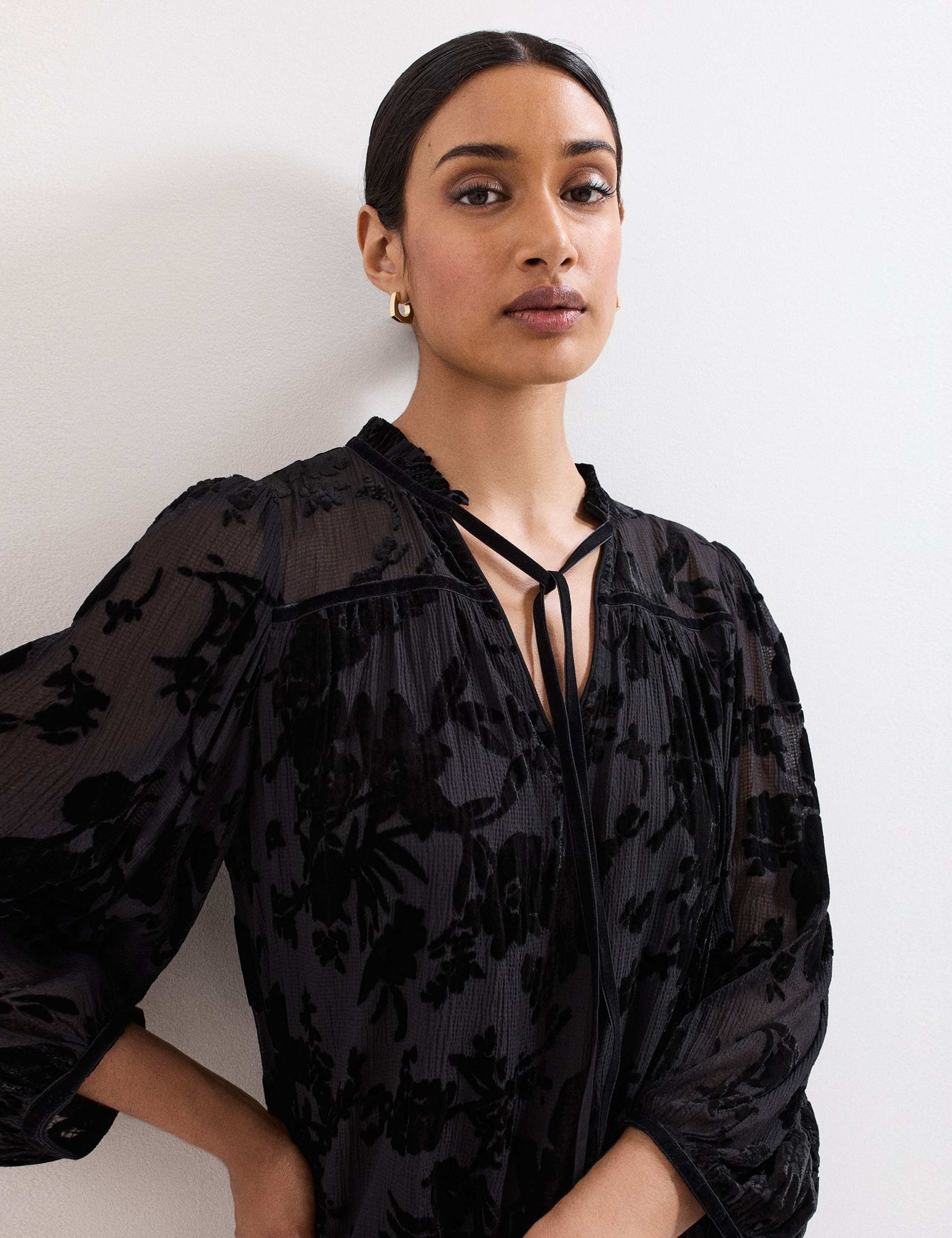 Velvet Floral Tie Neck Tiered Mini Dress 6 of 8