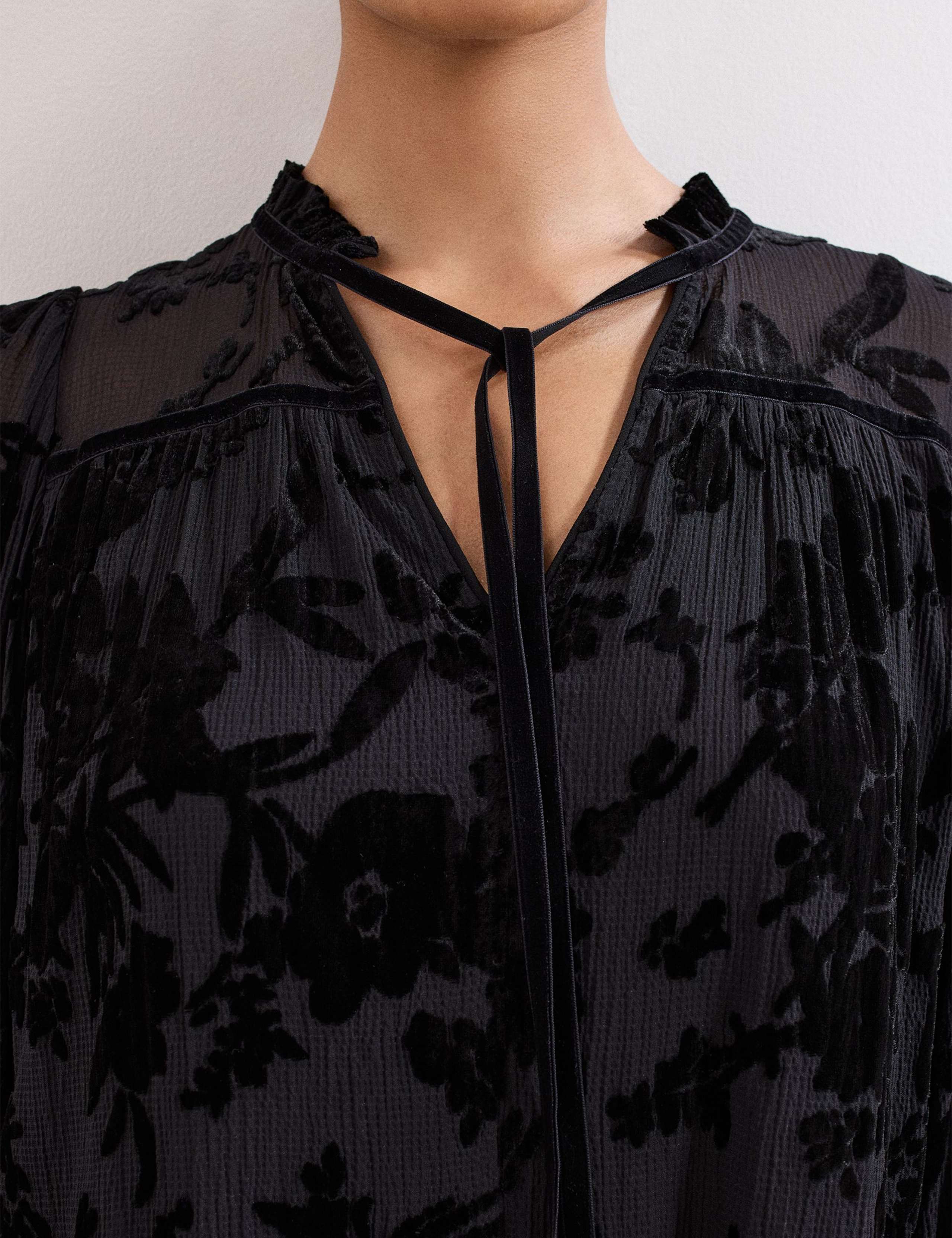 Velvet Floral Tie Neck Tiered Mini Dress 7 of 8