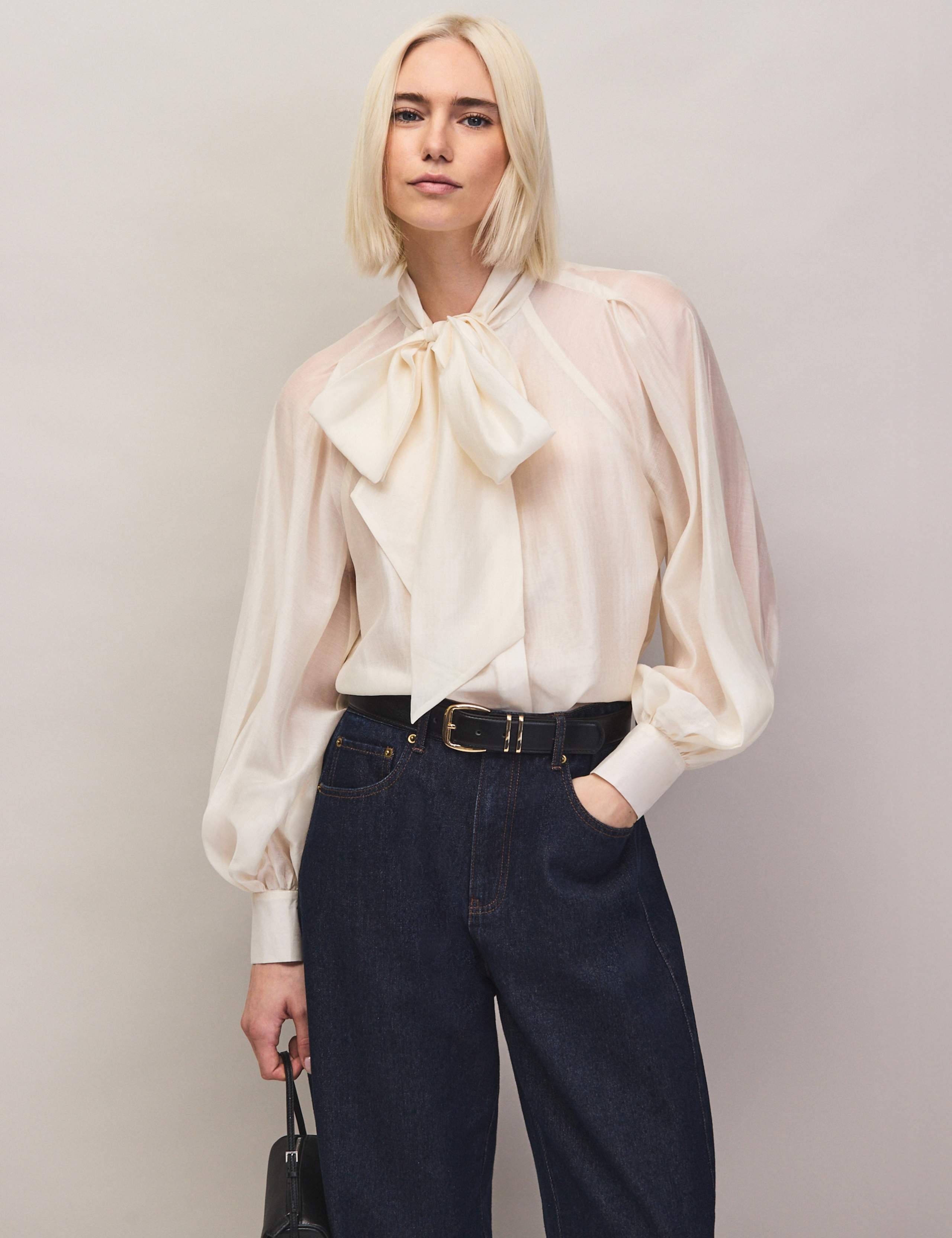 Lyocell Rich Tie Neck Button Through Blouse 1 of 6