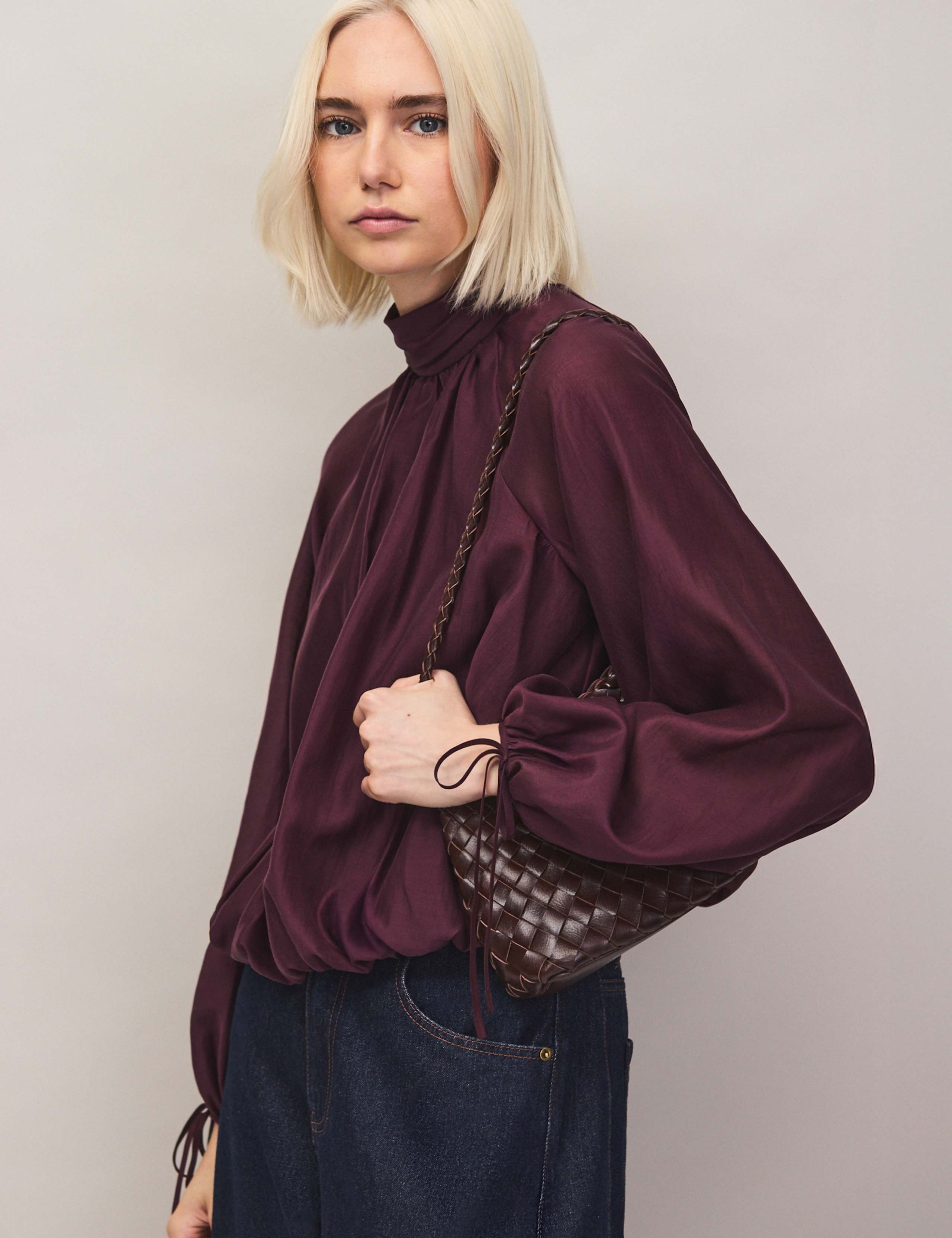 Lyocell Rich High Neck Tie Cuff Blouse 2 of 7