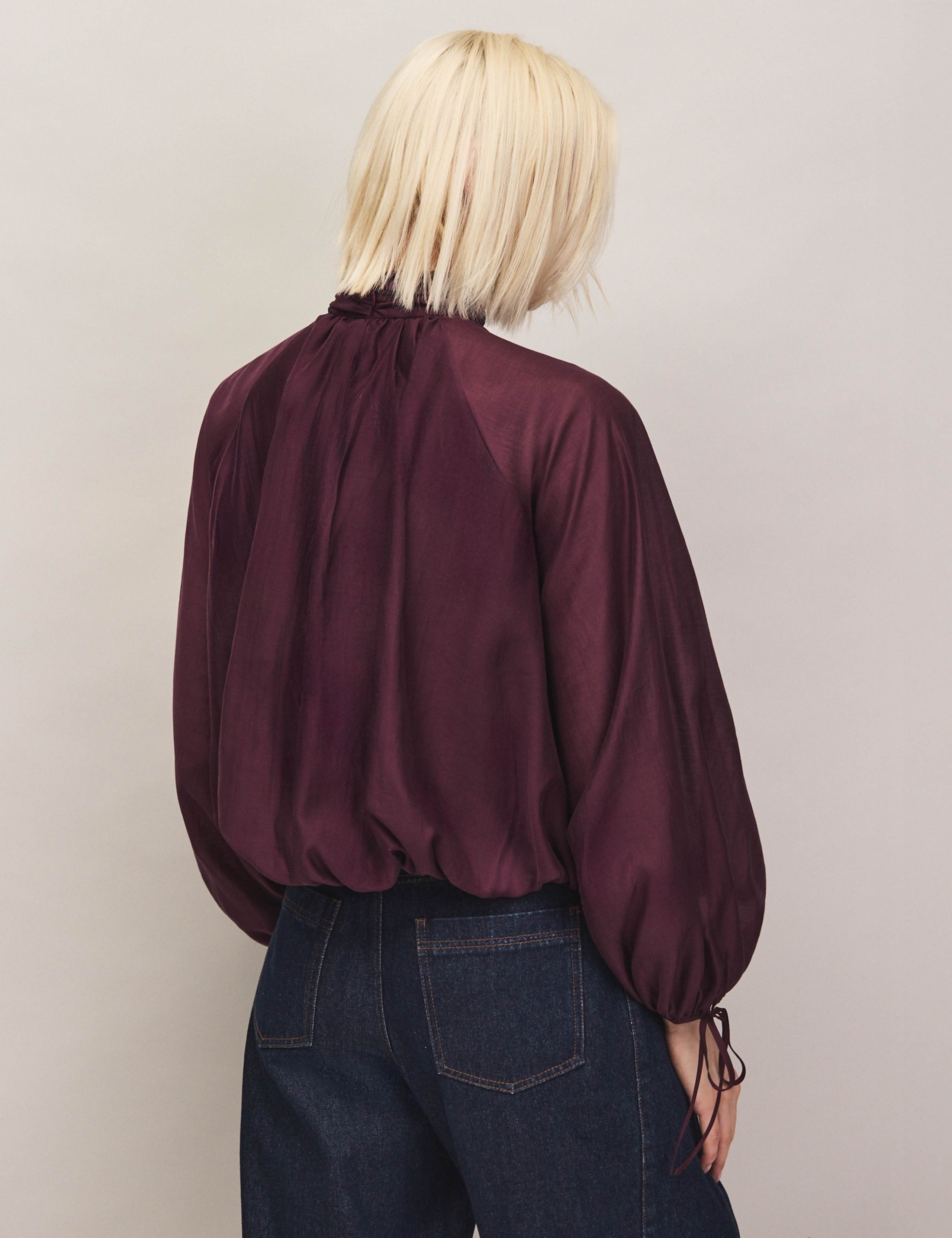 Lyocell Rich High Neck Tie Cuff Blouse 3 of 7
