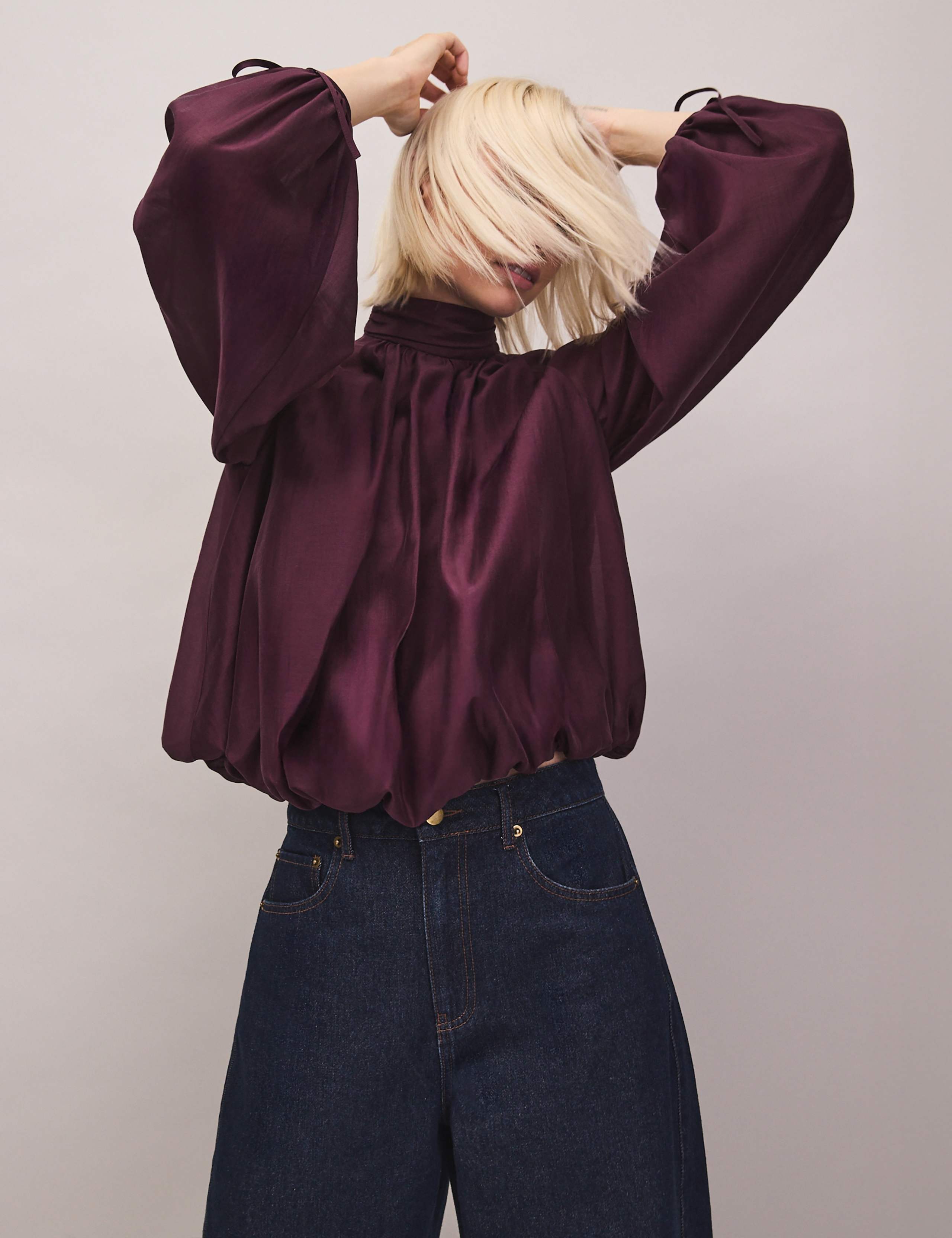Lyocell Rich High Neck Tie Cuff Blouse 4 of 7