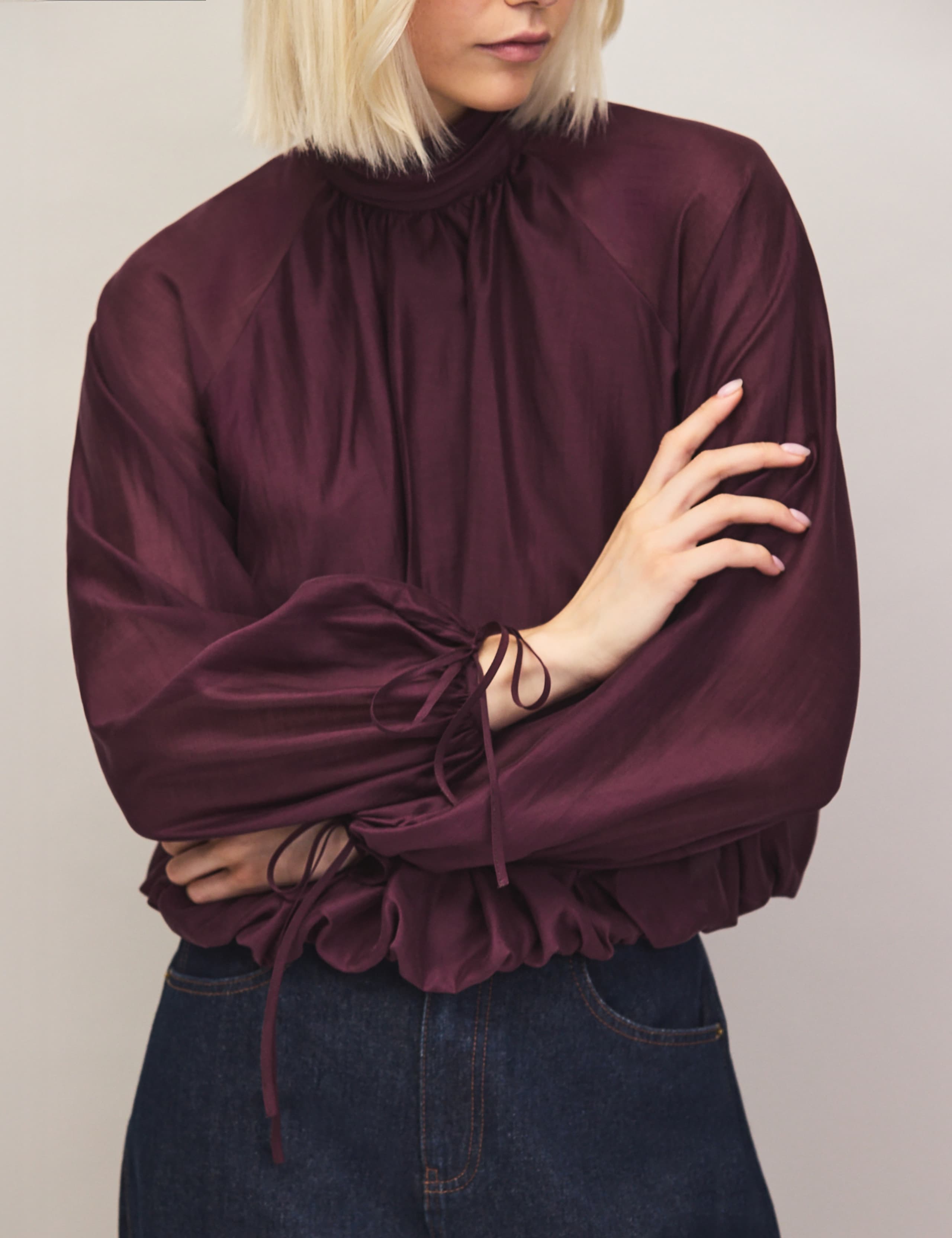 Lyocell Rich High Neck Tie Cuff Blouse 5 of 7