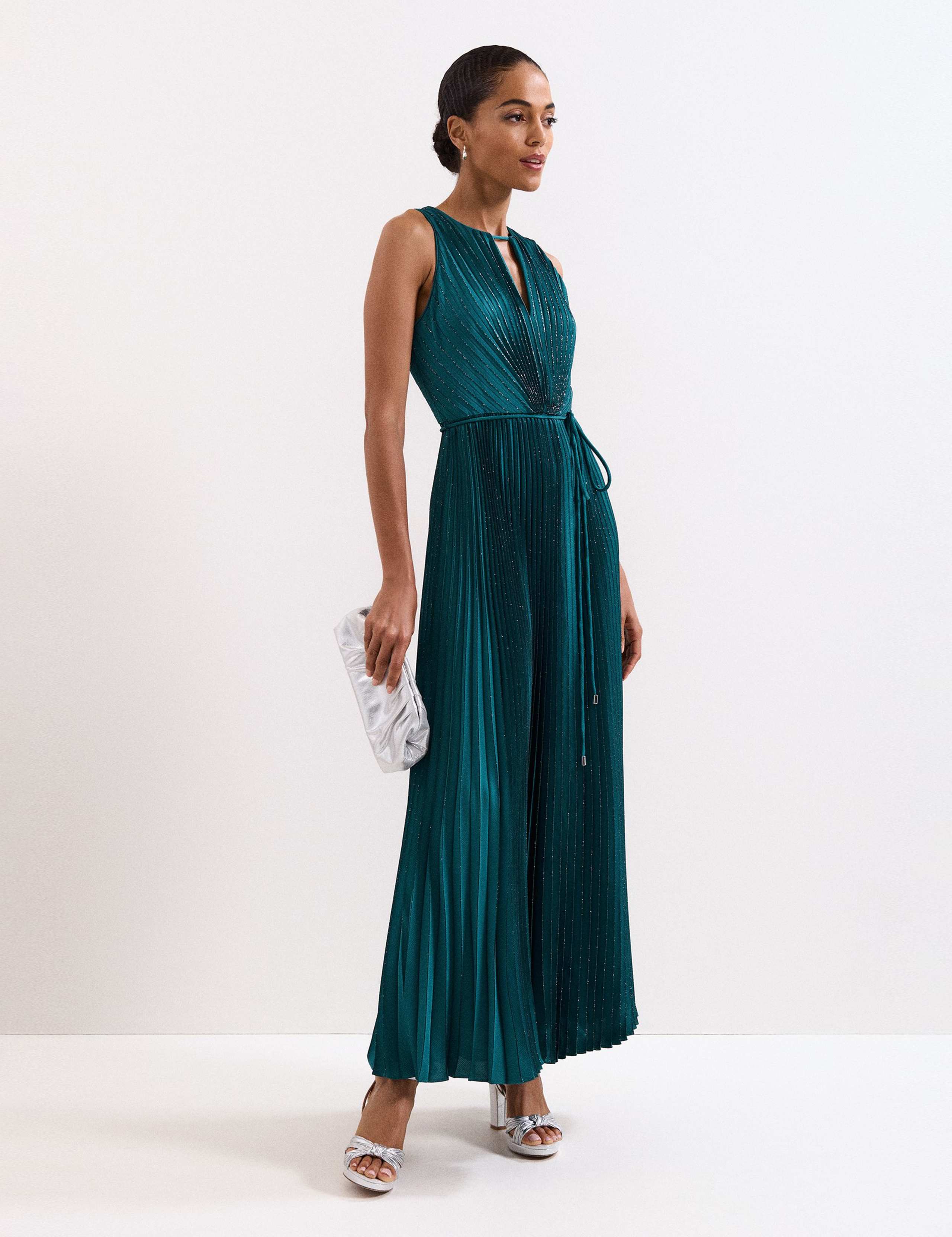Plisse Pleated Sparkly Maxi Waisted Dress 1 of 9