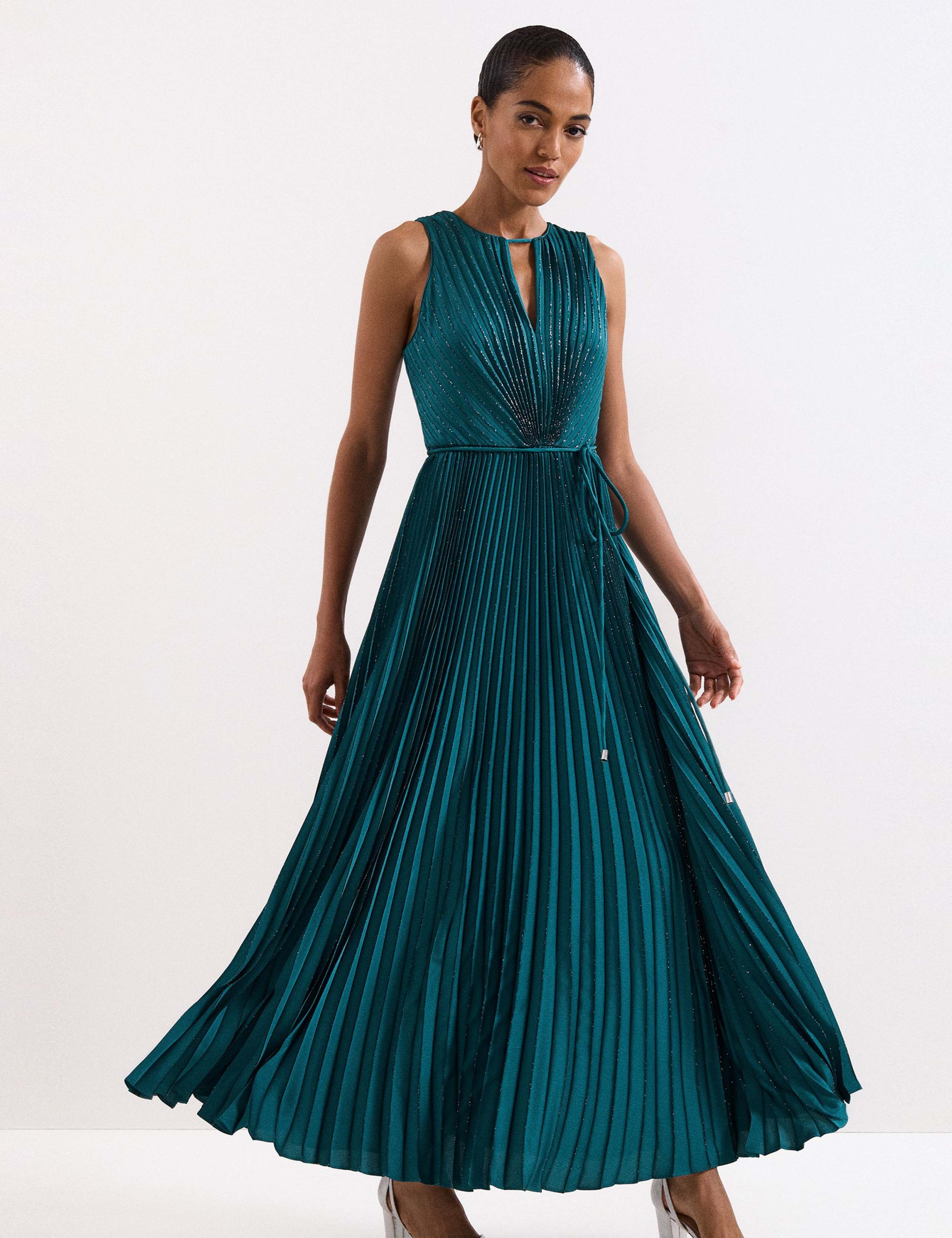 Plisse Pleated Sparkly Maxi Waisted Dress 3 of 9