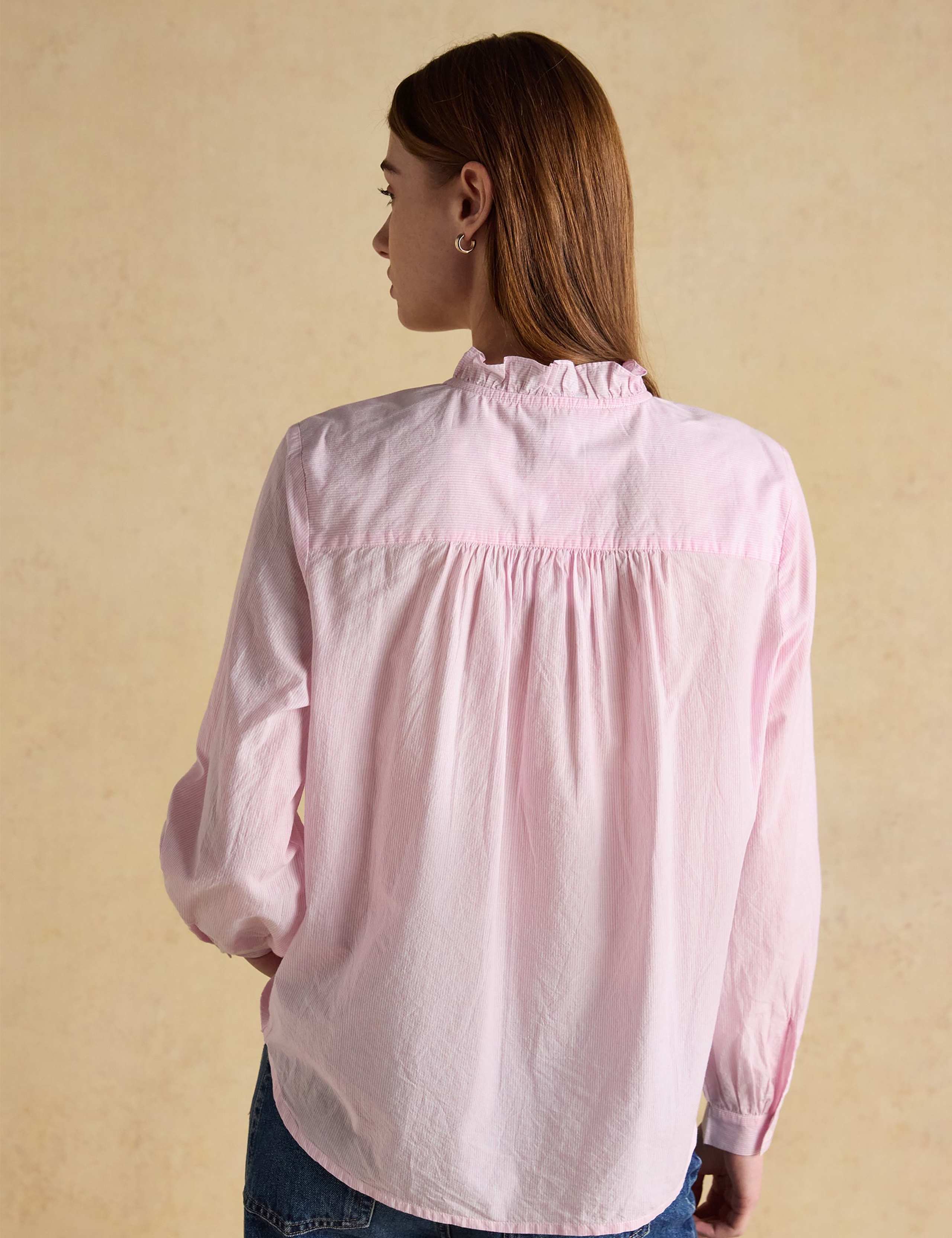 Pure Cotton Striped High Neck Ruffle Blouse 3 of 6