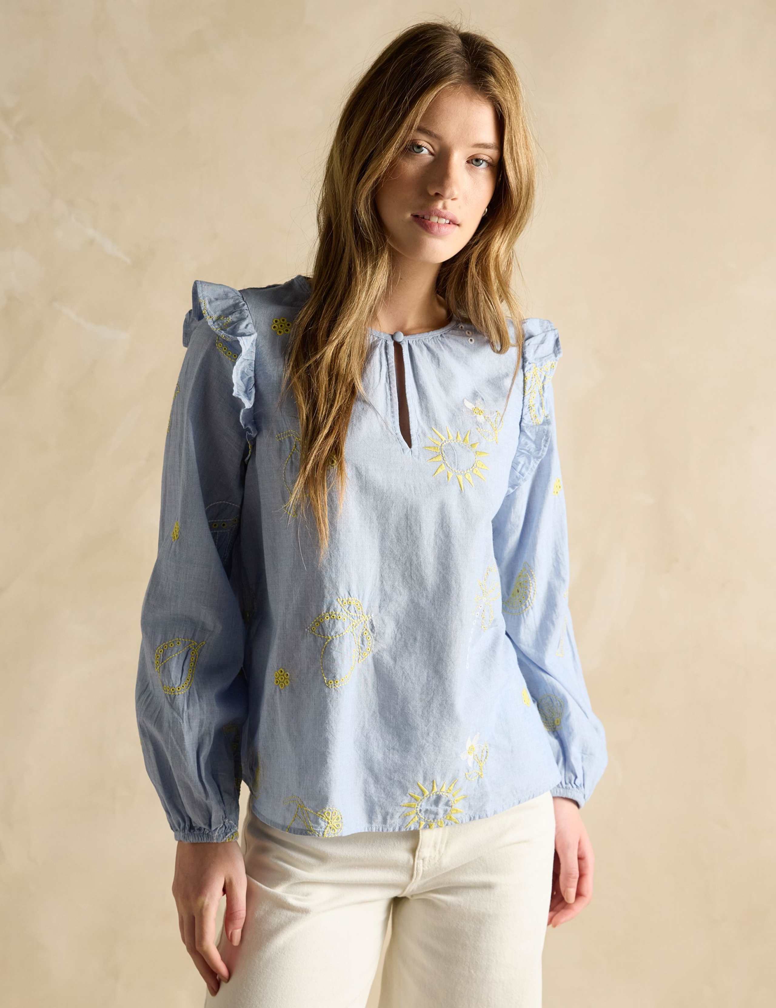 Pure Cotton Embroidered Crew Neck Blouse 2 of 7