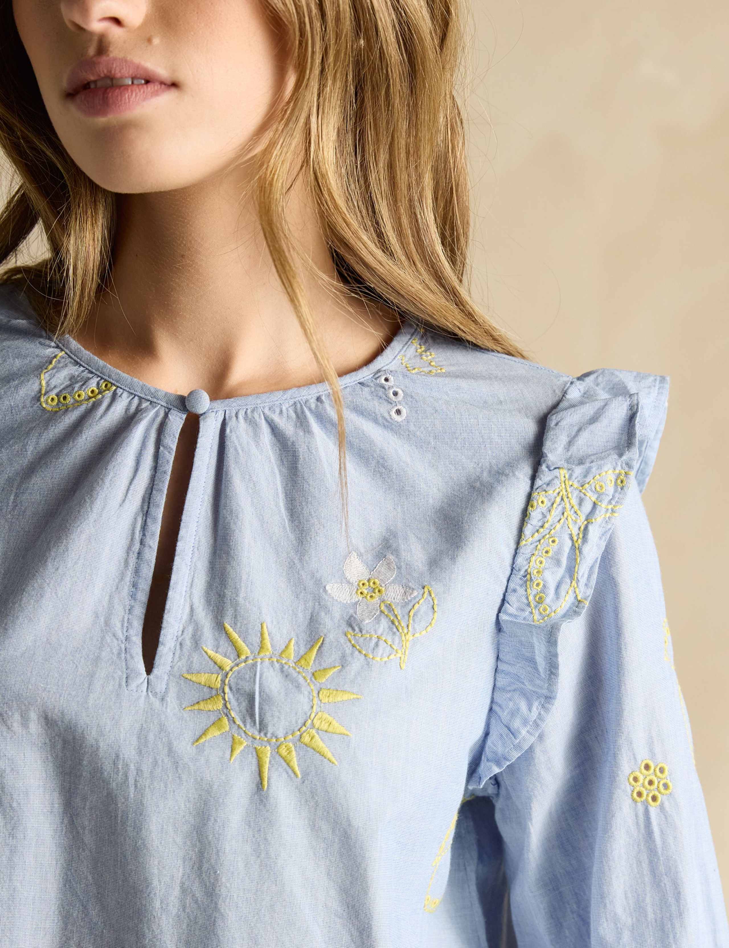 Pure Cotton Embroidered Crew Neck Blouse 3 of 7