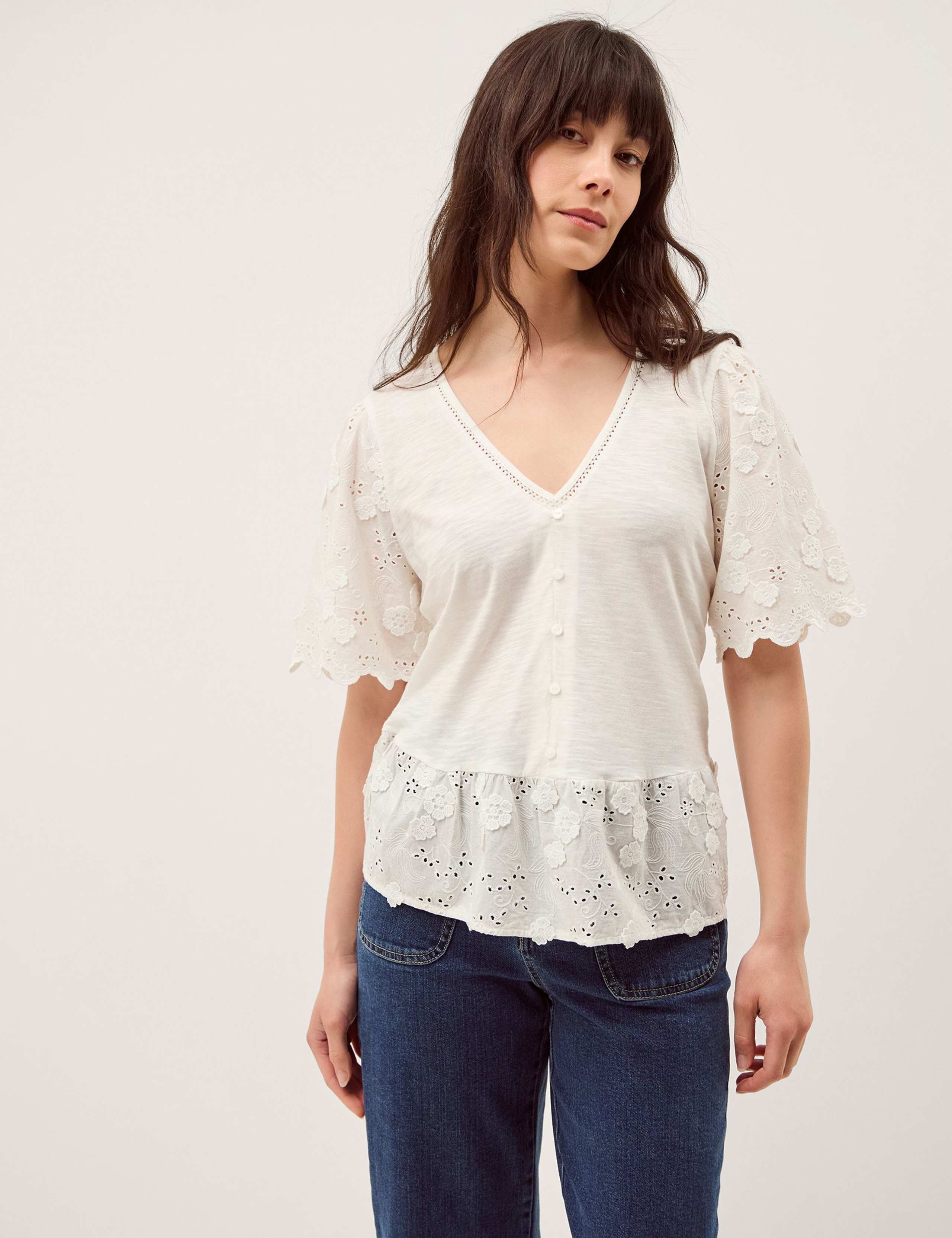 Cotton Rich Broderie V-Neck Blouse 1 of 5