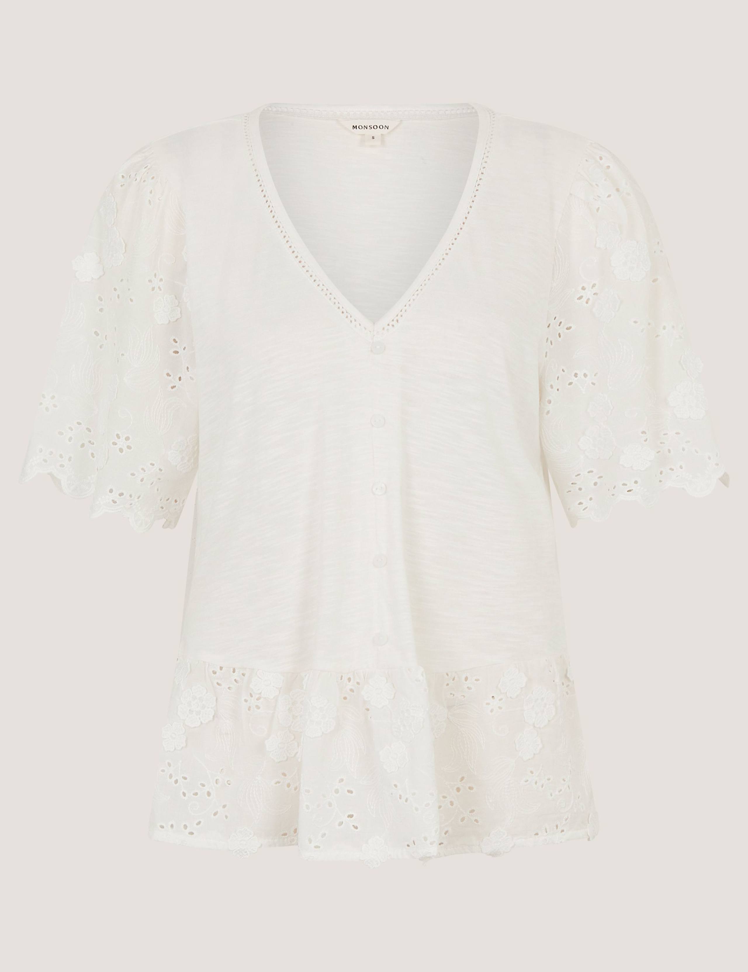 Cotton Rich Broderie V-Neck Blouse 2 of 5