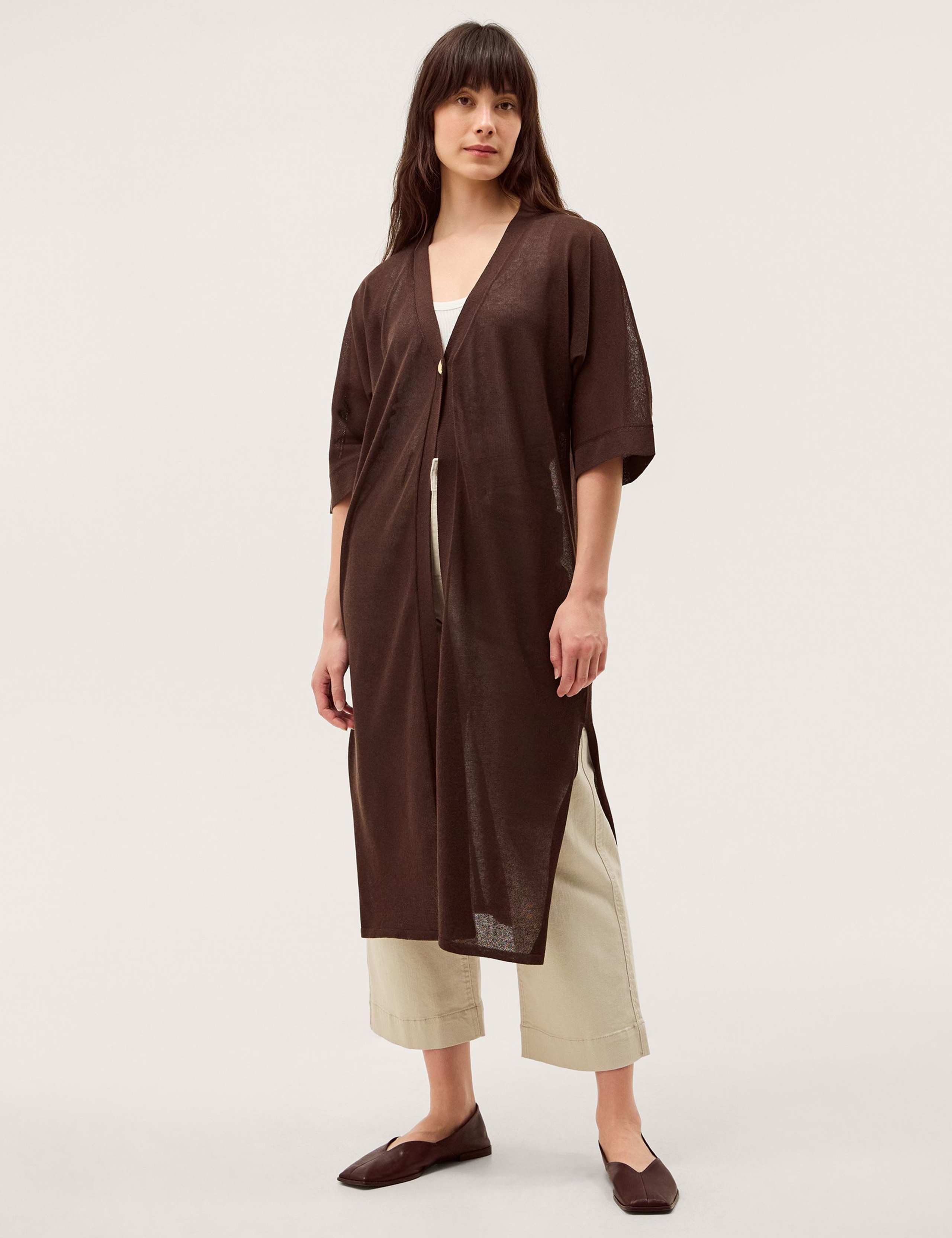 Longline Short Sleeve Cardigan with Linen 1 of 6