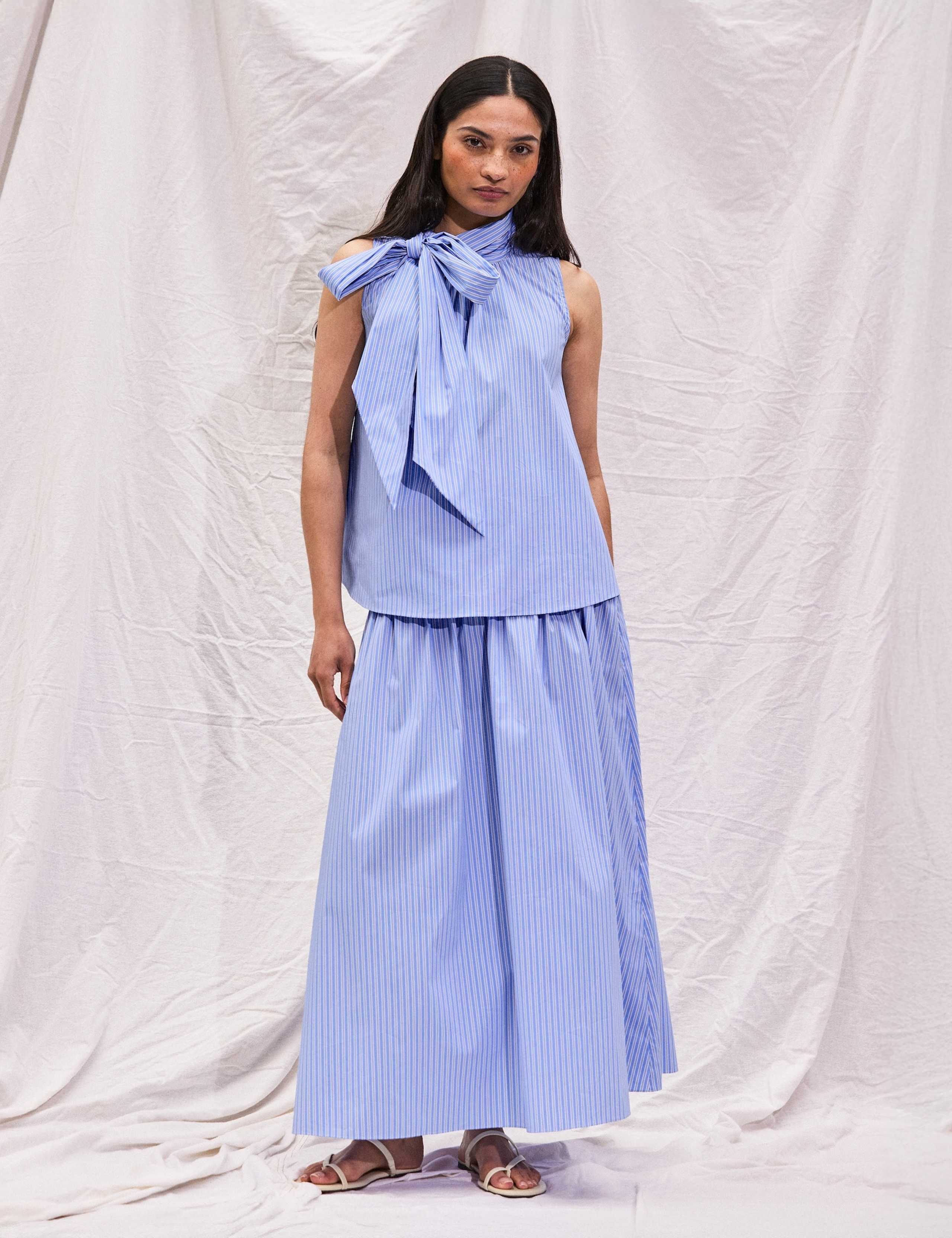 Cotton Rich Striped Shirred Midaxi Skirt 2 of 5