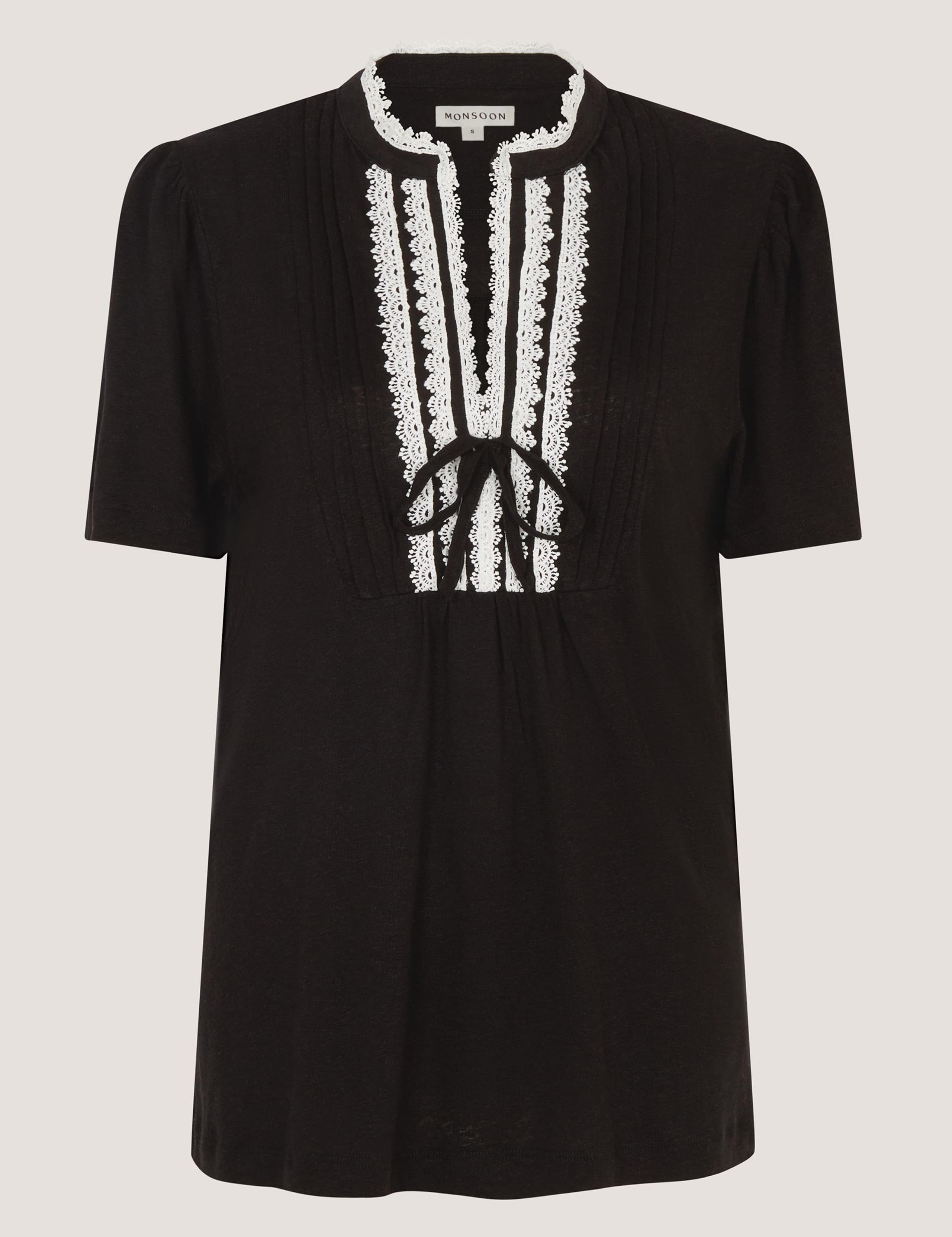 Linen Rich V-Neck Lace Trim T-Shirt 2 of 5