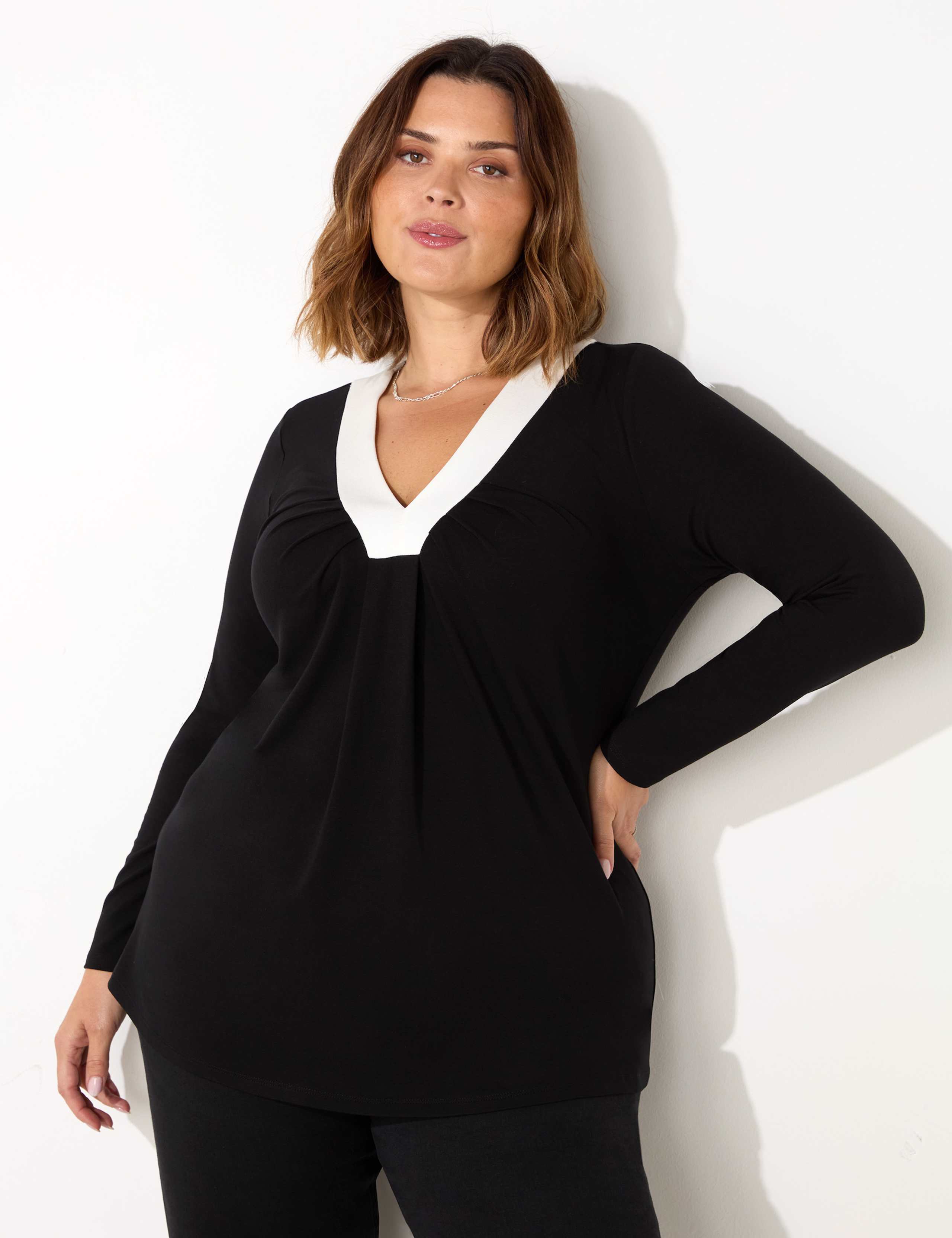 Jersey V-Neck Pleat Detail Top 2 of 5