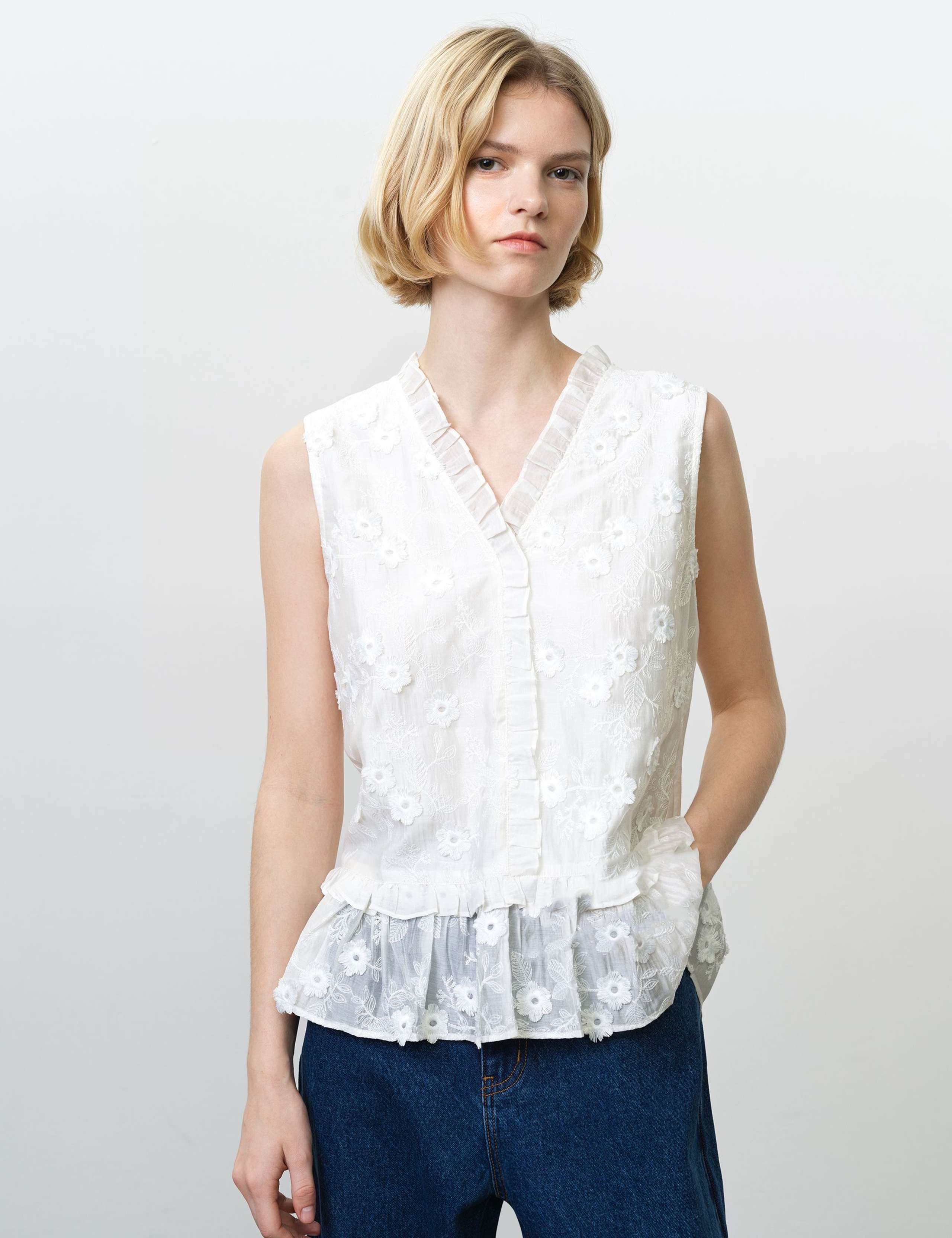 Pure Cotton Embroidered V-Neck Peplum Top 3 of 6