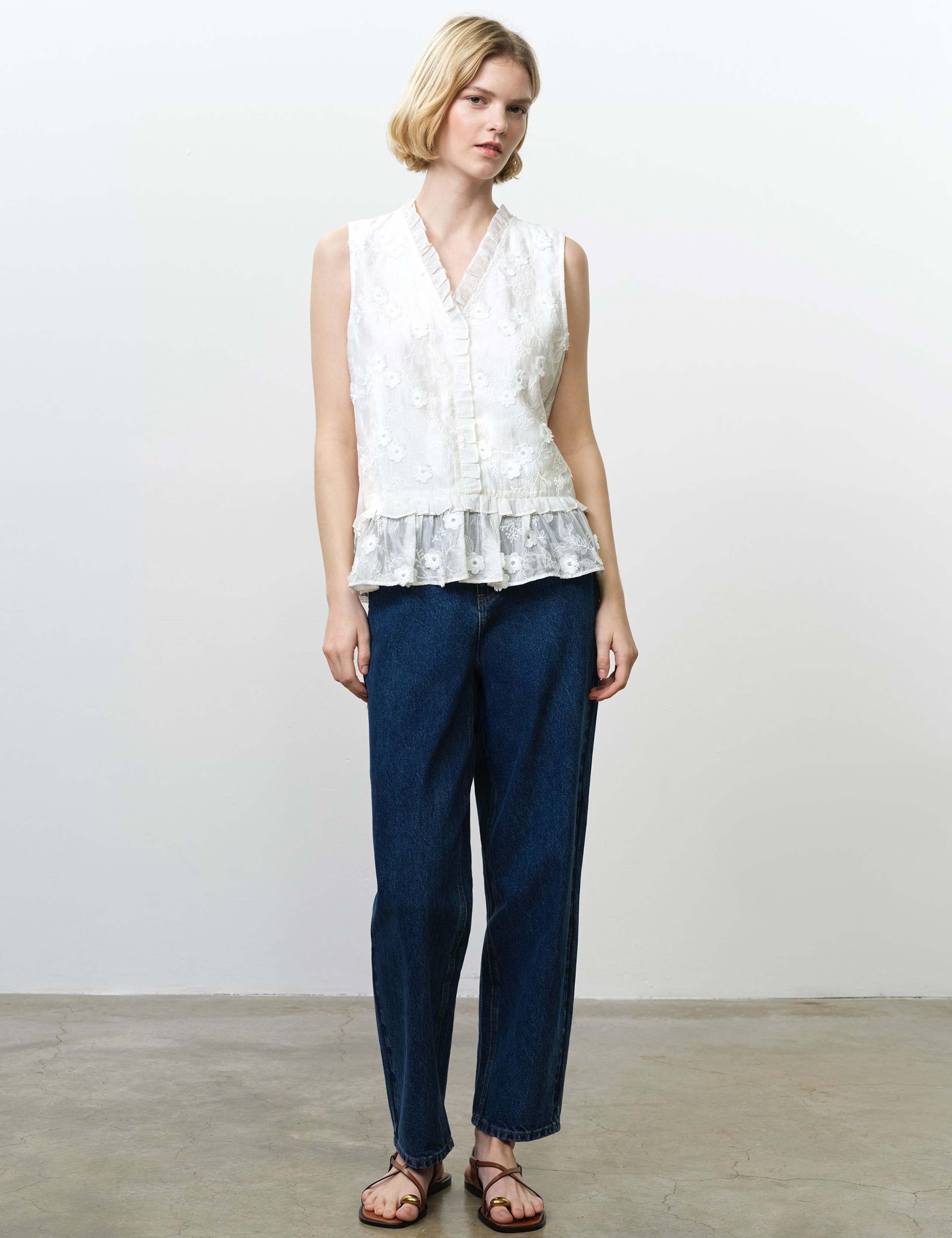 Pure Cotton Embroidered V-Neck Peplum Top 4 of 6